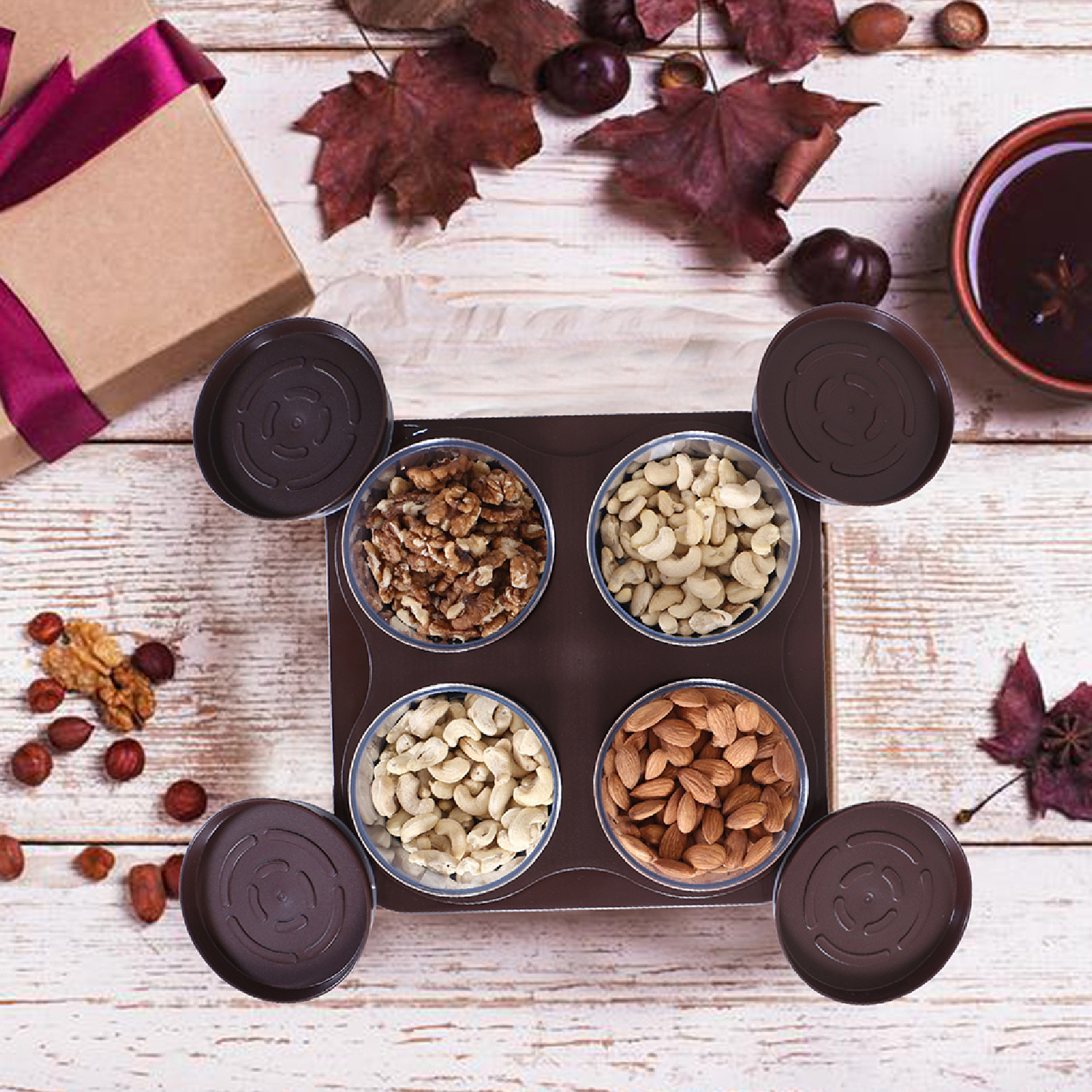 Kuber Industries 4 Containers & Tray Set|Unbreakable Plastic Snackers,Cookies,Nuts Serving Tray|Airtight Containers with Lid,350 ml (Brown)