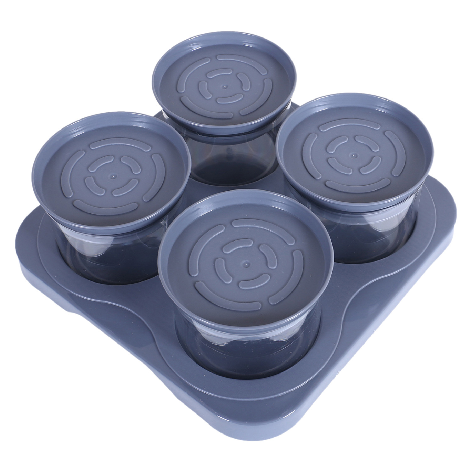 Kuber Industries 4 Containers & Tray Set|Unbreakable Plastic Snackers,Cookies,Nuts Serving Tray|Airtight Containers with Lid,350 ml (Gray)