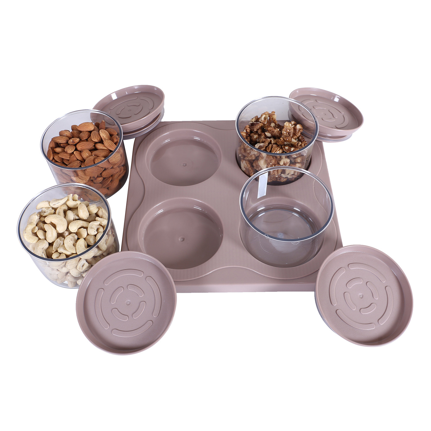 Kuber Industries 4 Containers & Tray Set|Unbreakable Plastic Snackers,Cookies,Nuts Serving Tray|Airtight Containers with Lid,350 ml (Peach)