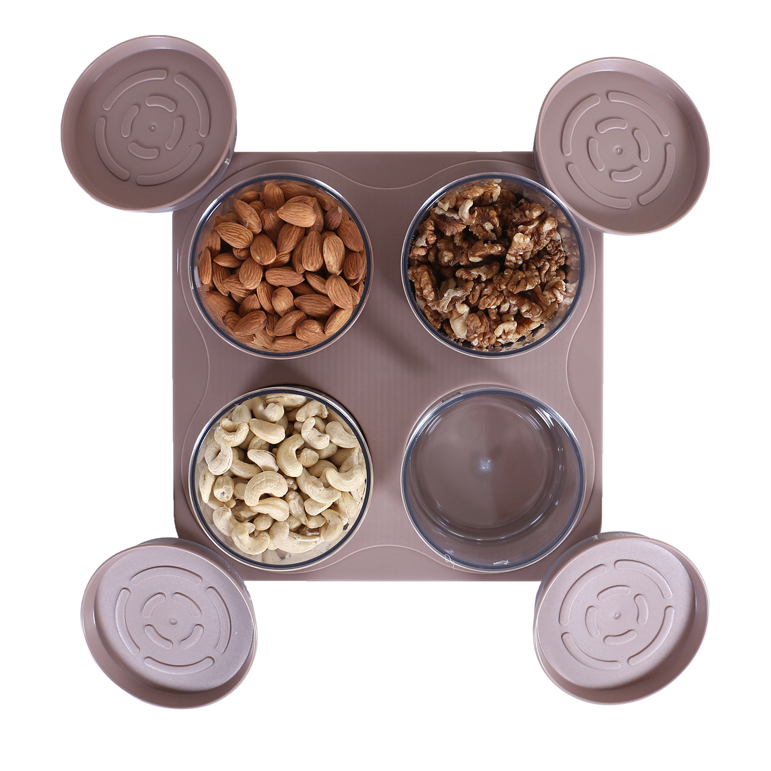 Kuber Industries 4 Containers & Tray Set|Unbreakable Plastic Snackers,Cookies,Nuts Serving Tray|Airtight Containers with Lid,350 ml (Peach)