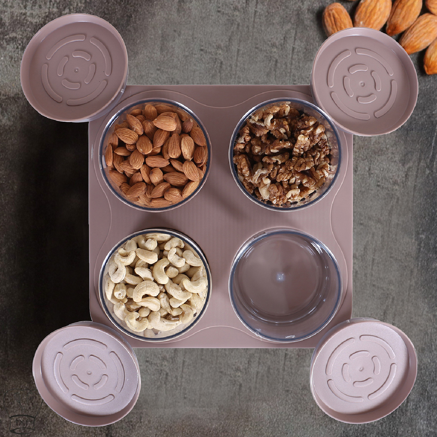 Kuber Industries 4 Containers & Tray Set|Unbreakable Plastic Snackers,Cookies,Nuts Serving Tray|Airtight Containers with Lid,350 ml (Peach)