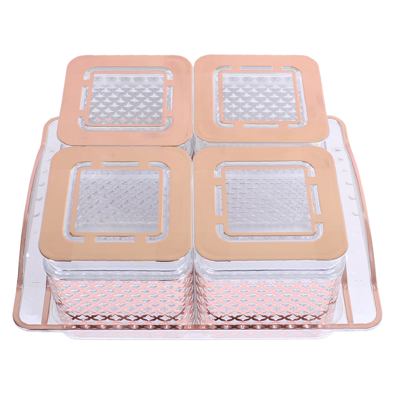 Kuber Industries 4 Containers & Tray Set|Unbreakable Plastic Snackers,Cookies,Nuts Serving Tray|Airtight Containers with Lid,400 ml (Peach)