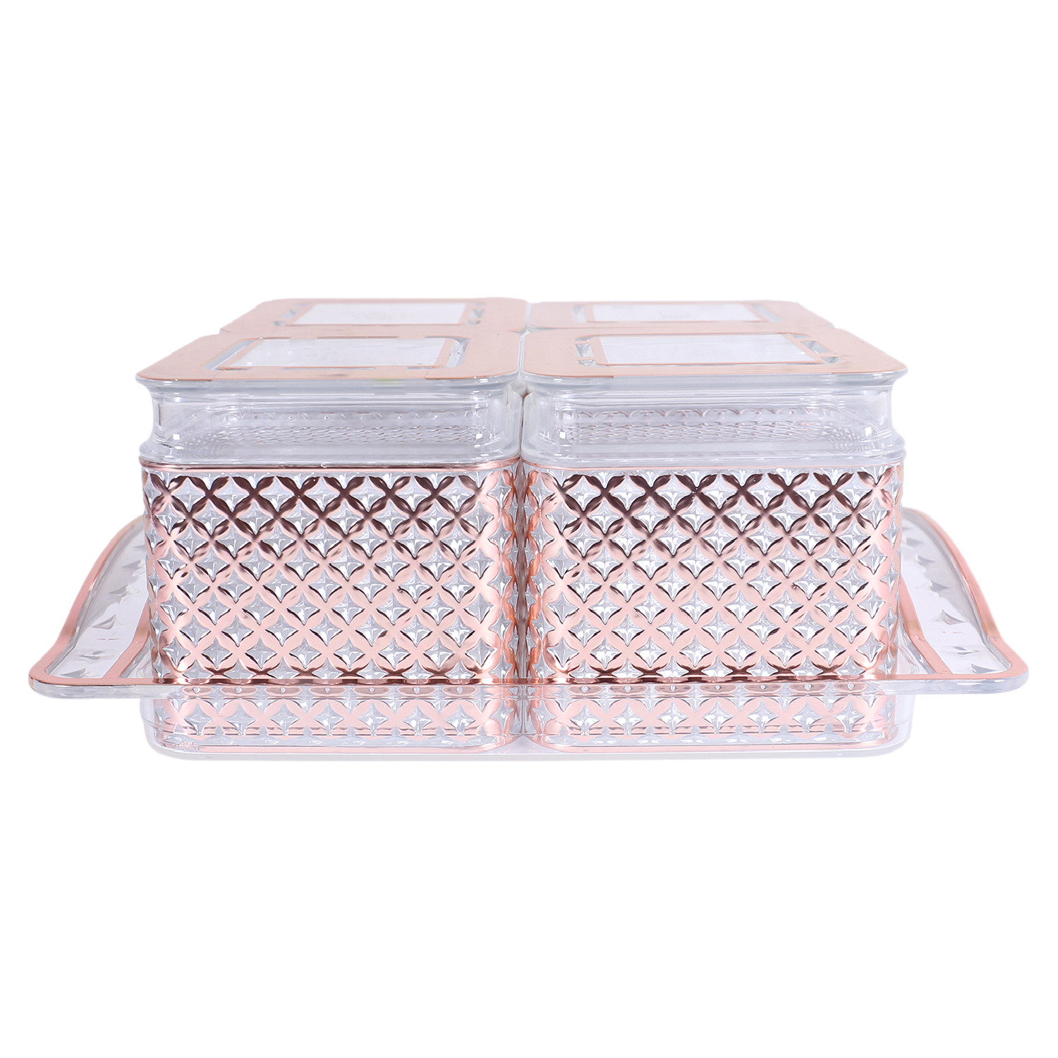 Kuber Industries 4 Containers & Tray Set|Unbreakable Plastic Snackers,Cookies,Nuts Serving Tray|Airtight Containers with Lid,400 ml (Peach)