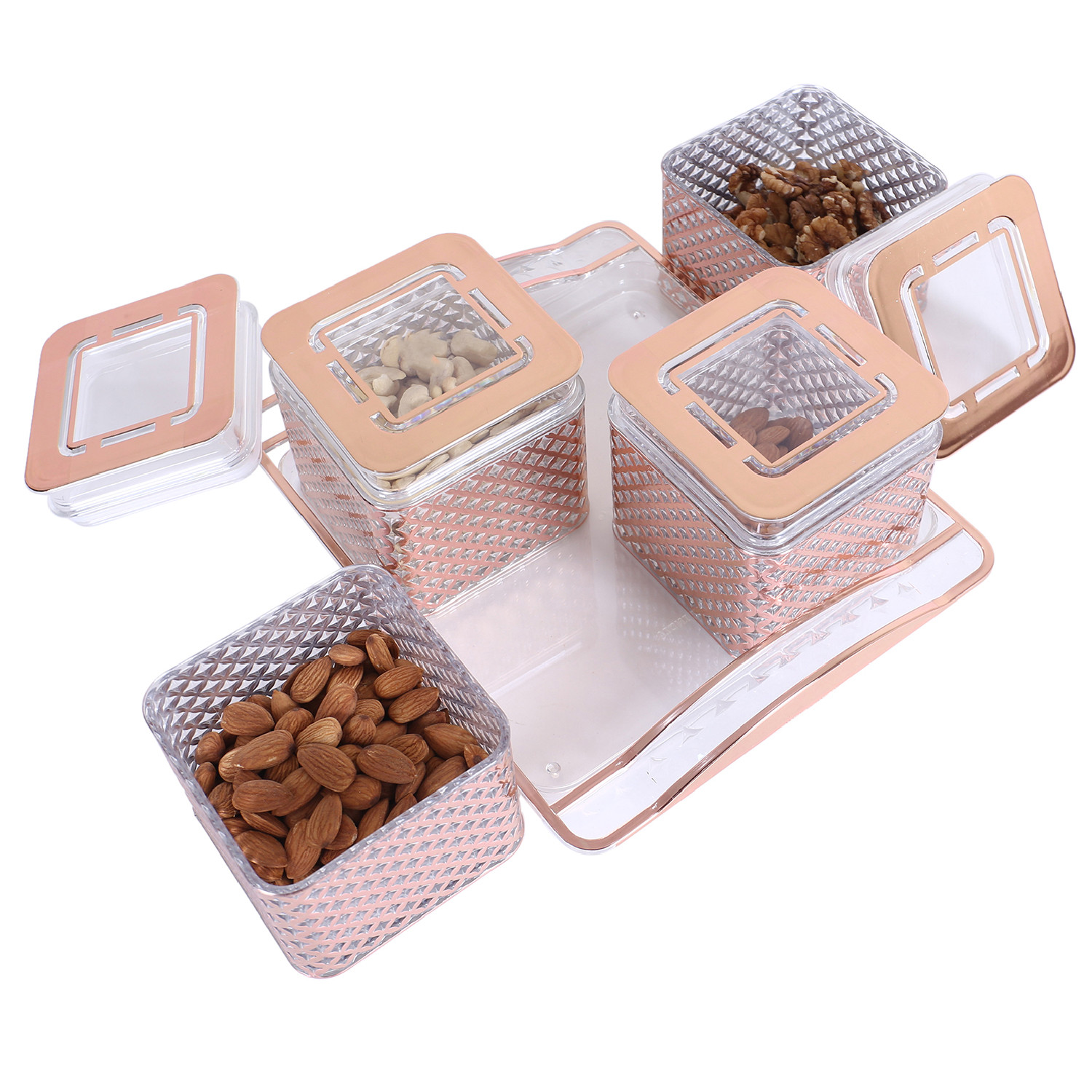 Kuber Industries 4 Containers & Tray Set|Unbreakable Plastic Snackers,Cookies,Nuts Serving Tray|Airtight Containers with Lid,400 ml (Peach)