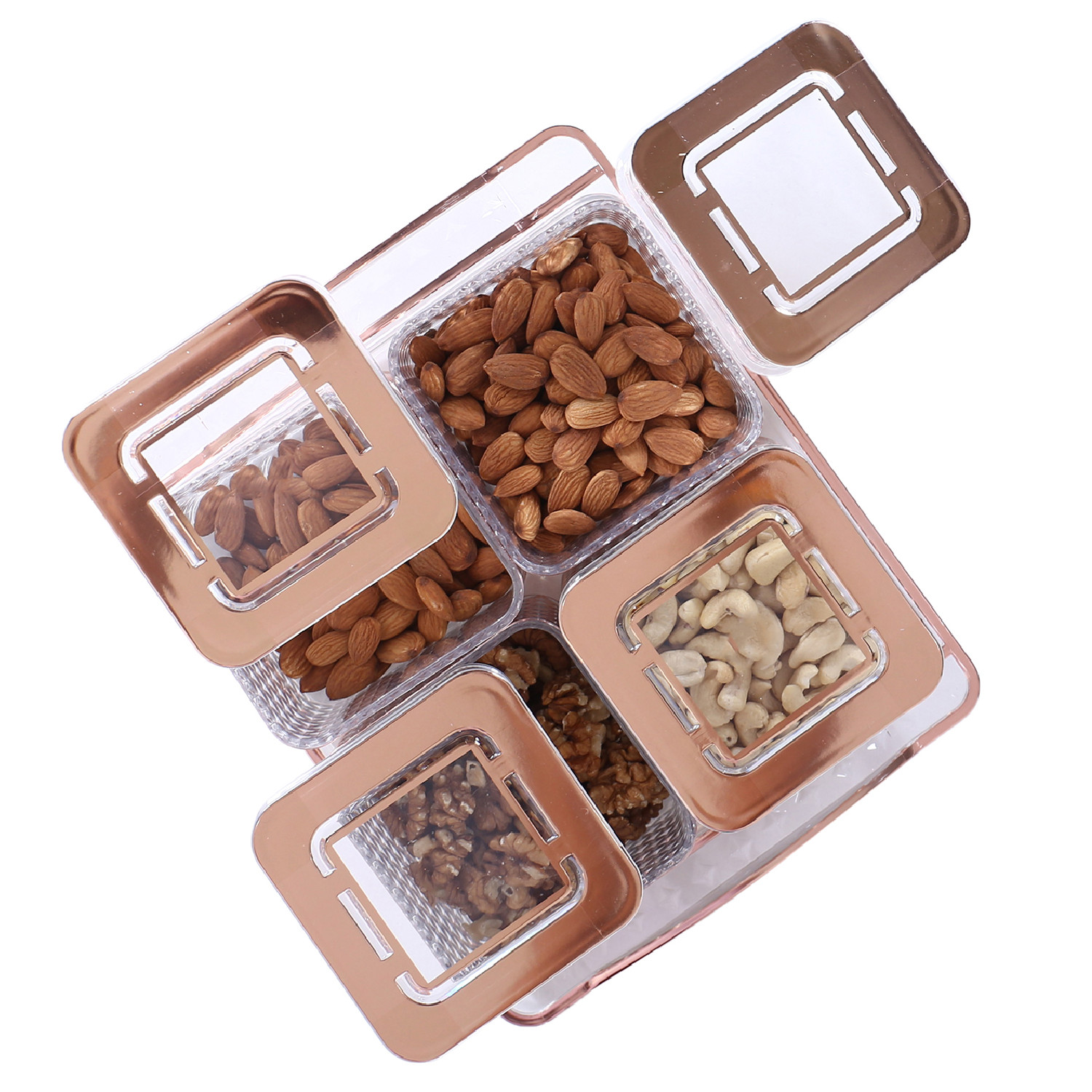 Kuber Industries 4 Containers & Tray Set|Unbreakable Plastic Snackers,Cookies,Nuts Serving Tray|Airtight Containers with Lid,400 ml (Peach)