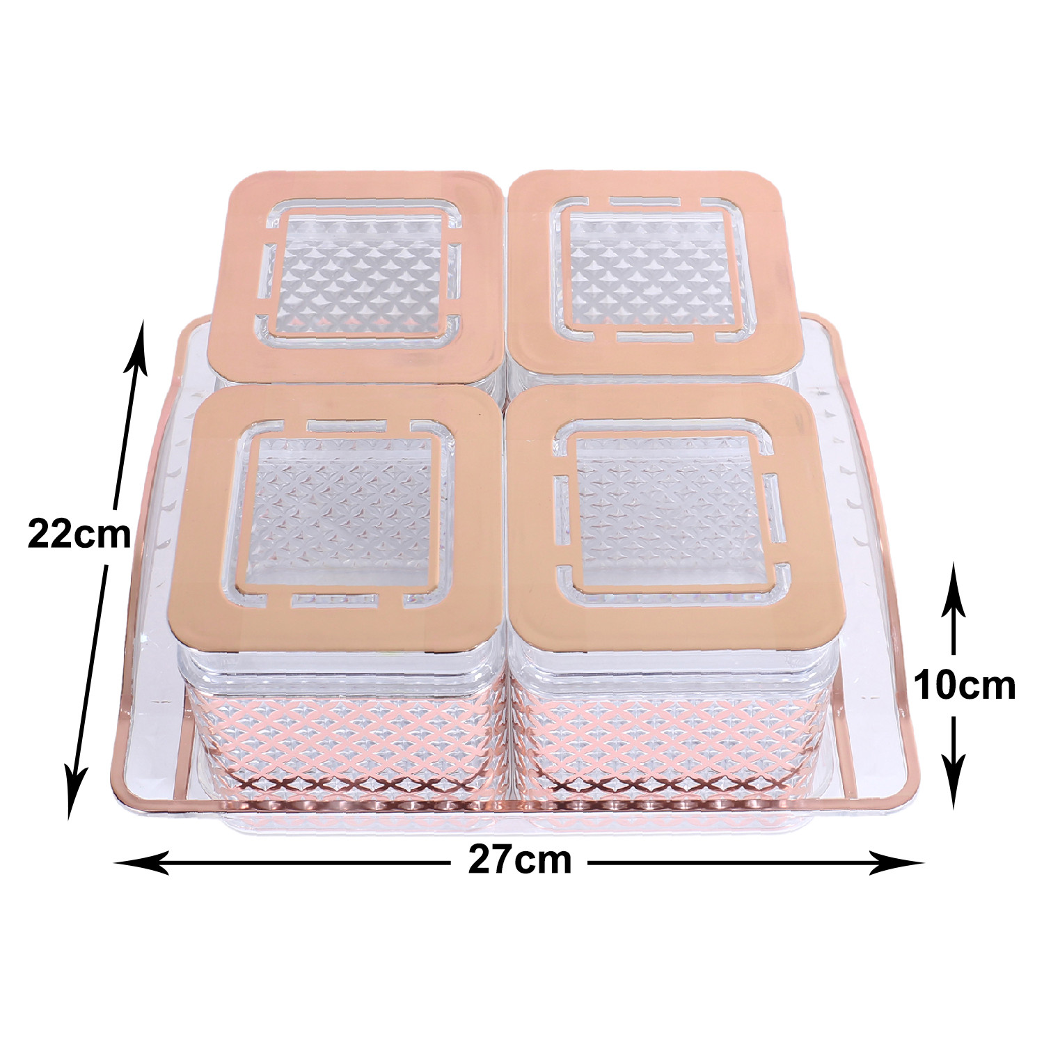Kuber Industries 4 Containers & Tray Set|Unbreakable Plastic Snackers,Cookies,Nuts Serving Tray|Airtight Containers with Lid,400 ml (Peach)
