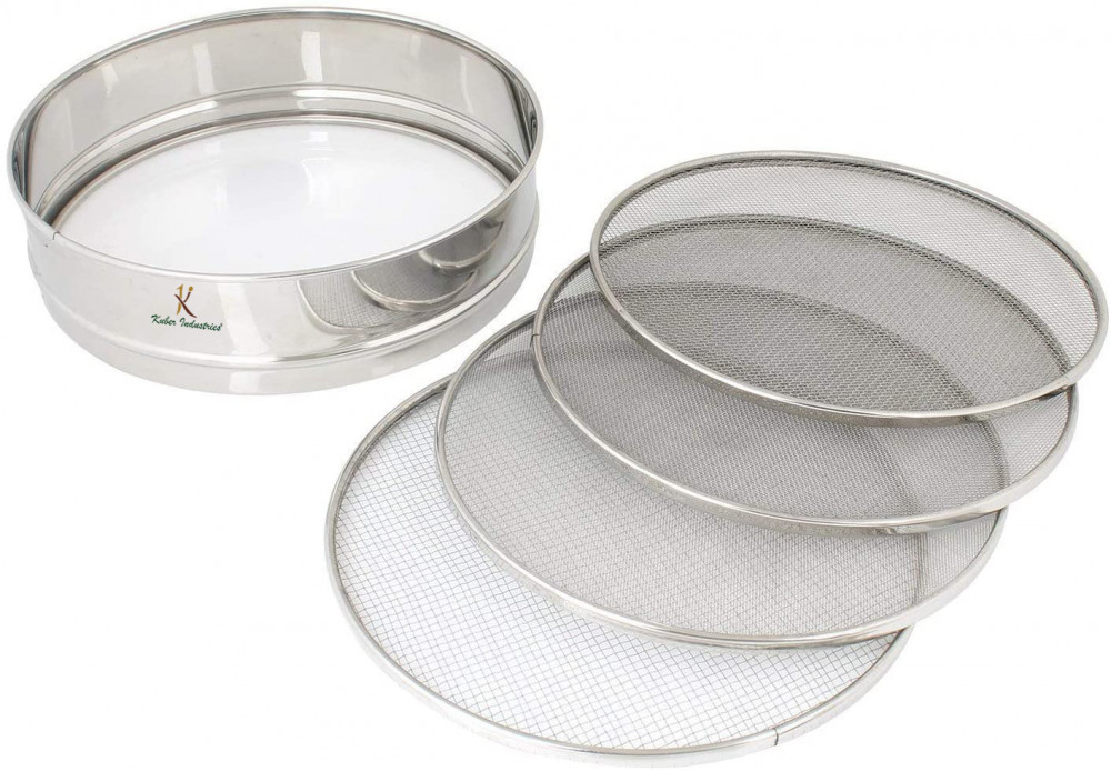 Kuber Industries 4 in 1 Stainless Steel Interchangeable Sieve Flour Chalni Spices Food Strainers Atta Chalni Jaali Channi Atta Maida Strainer (Silver)