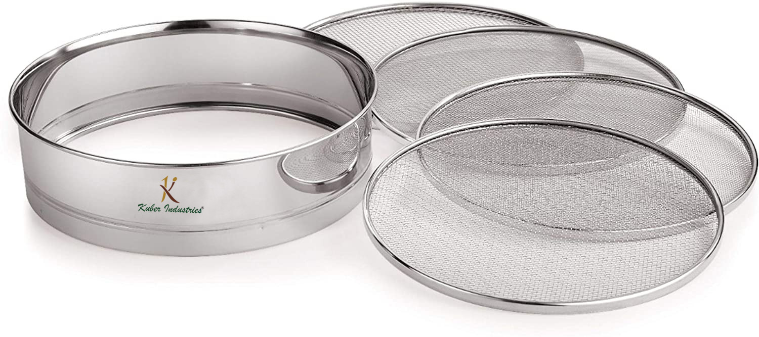 Kuber Industries 4 in 1 Stainless Steel Interchangeable Sieve Flour Chalni Spices Food Strainers Atta Chalni Jaali Channi Atta Maida Strainer (Silver)