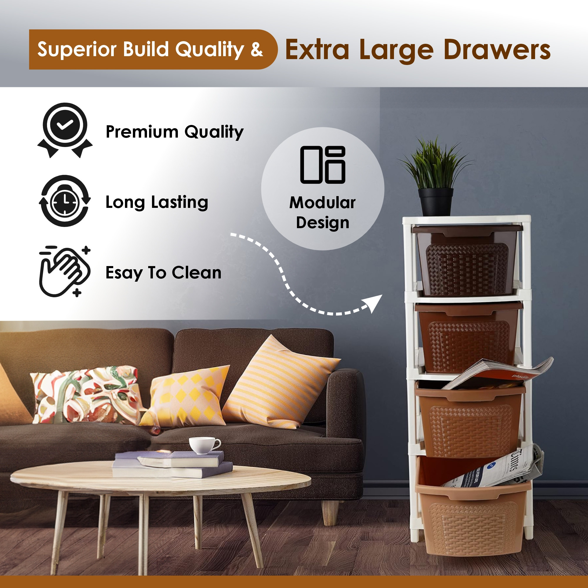 Kuber Industries 4-Layer  73 Ltr Plastic Drawer Storage Organiser  Modular Kitchen Cabinet  Toy Organizer For Kids Room  Chocolate Brown