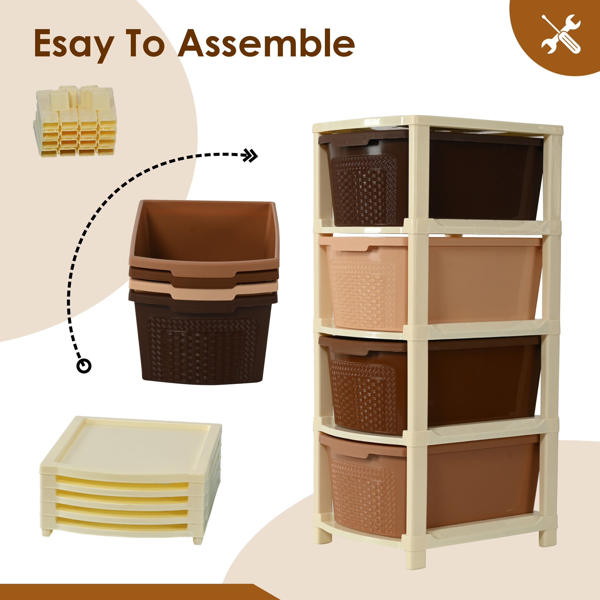 Kuber Industries 4-Layer  73 Ltr Plastic Drawer Storage Organiser  Modular Kitchen Cabinet  Toy Organizer For Kids Room  Chocolate Brown