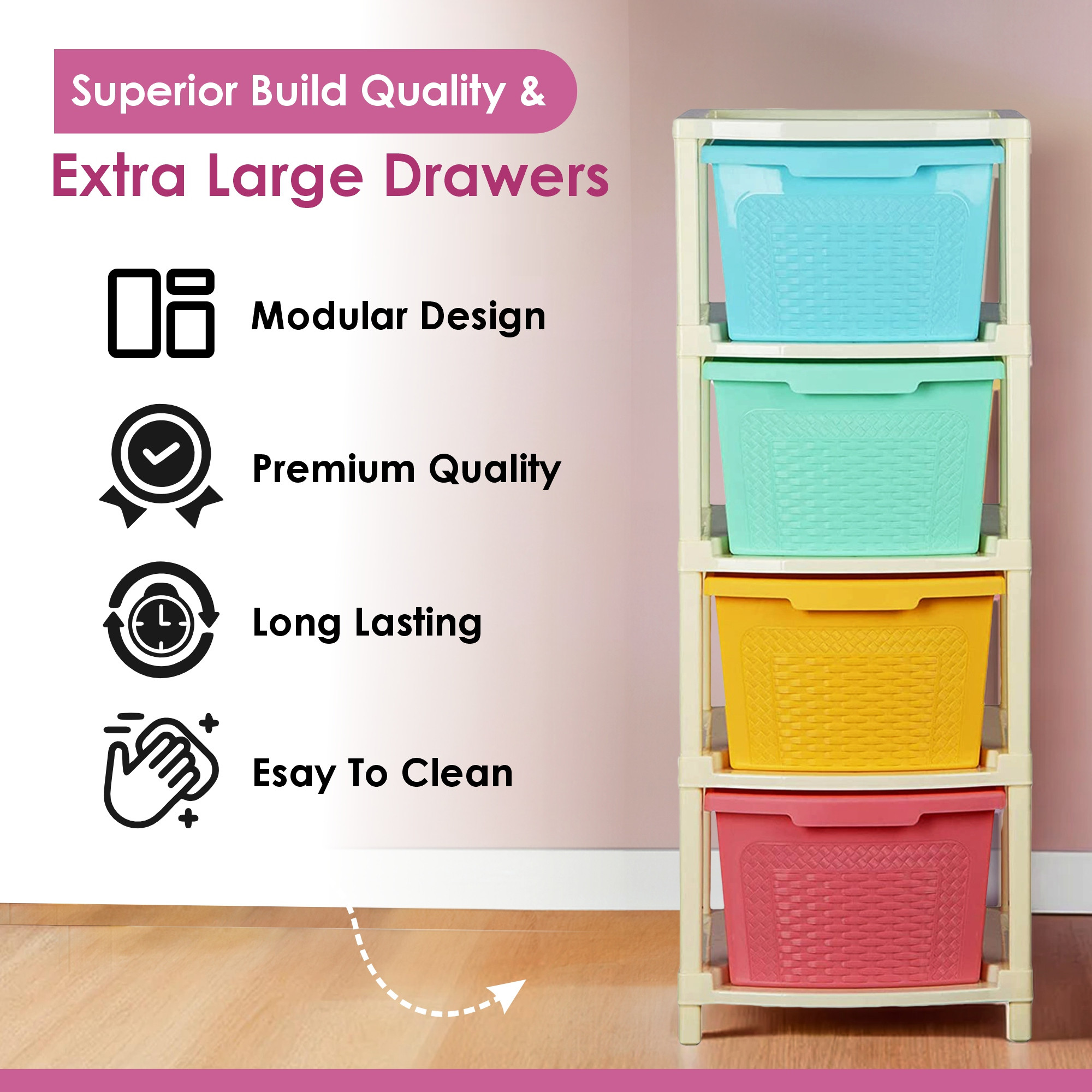 Kuber Industries 4-Layer  73 Ltr Plastic Drawer Storage Organiser  Modular Kitchen Cabinet  Toy Organizer For Kids Room  Multicolor