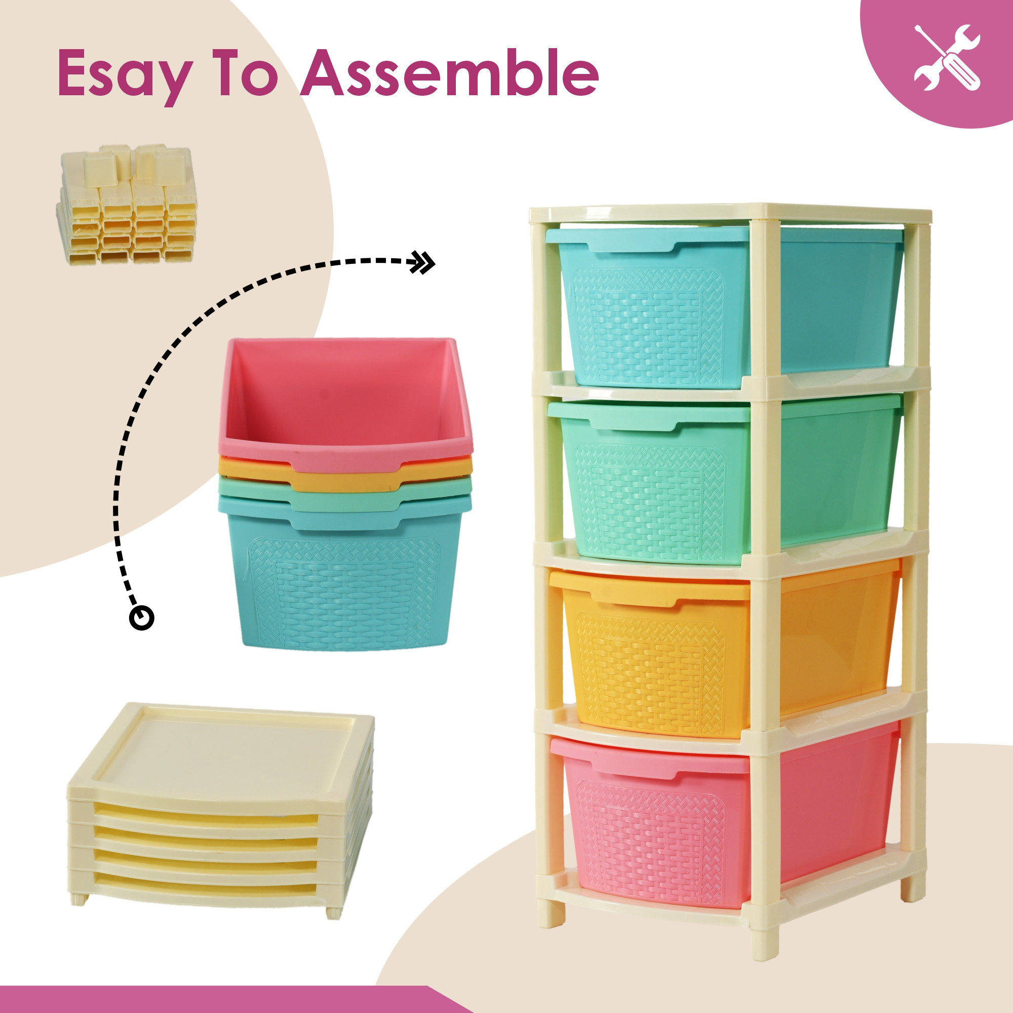 Kuber Industries 4-Layer  73 Ltr Plastic Drawer Storage Organiser  Modular Kitchen Cabinet  Toy Organizer For Kids Room  Multicolor