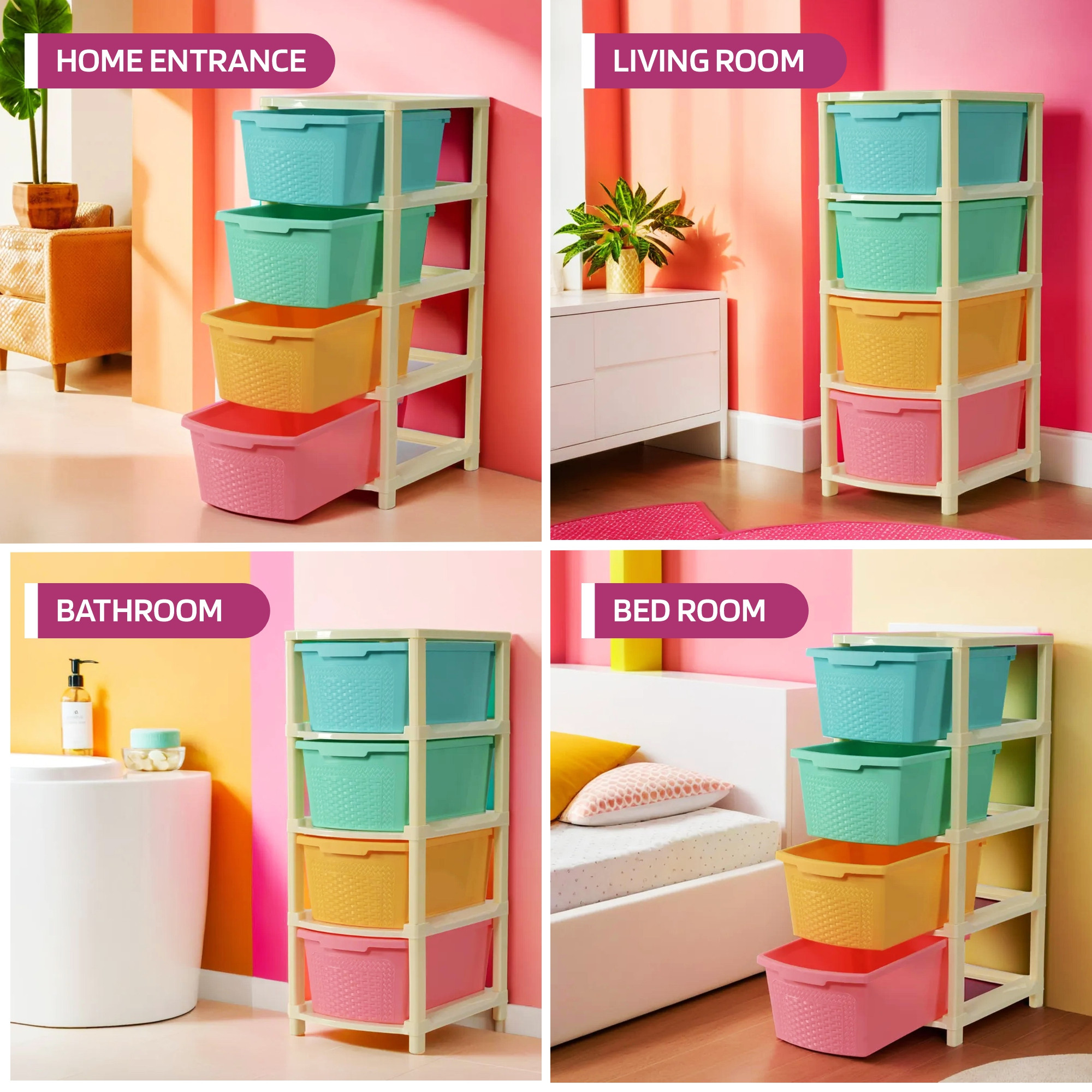 Kuber Industries 4-Layer  73 Ltr Plastic Drawer Storage Organiser  Modular Kitchen Cabinet  Toy Organizer For Kids Room  Multicolor