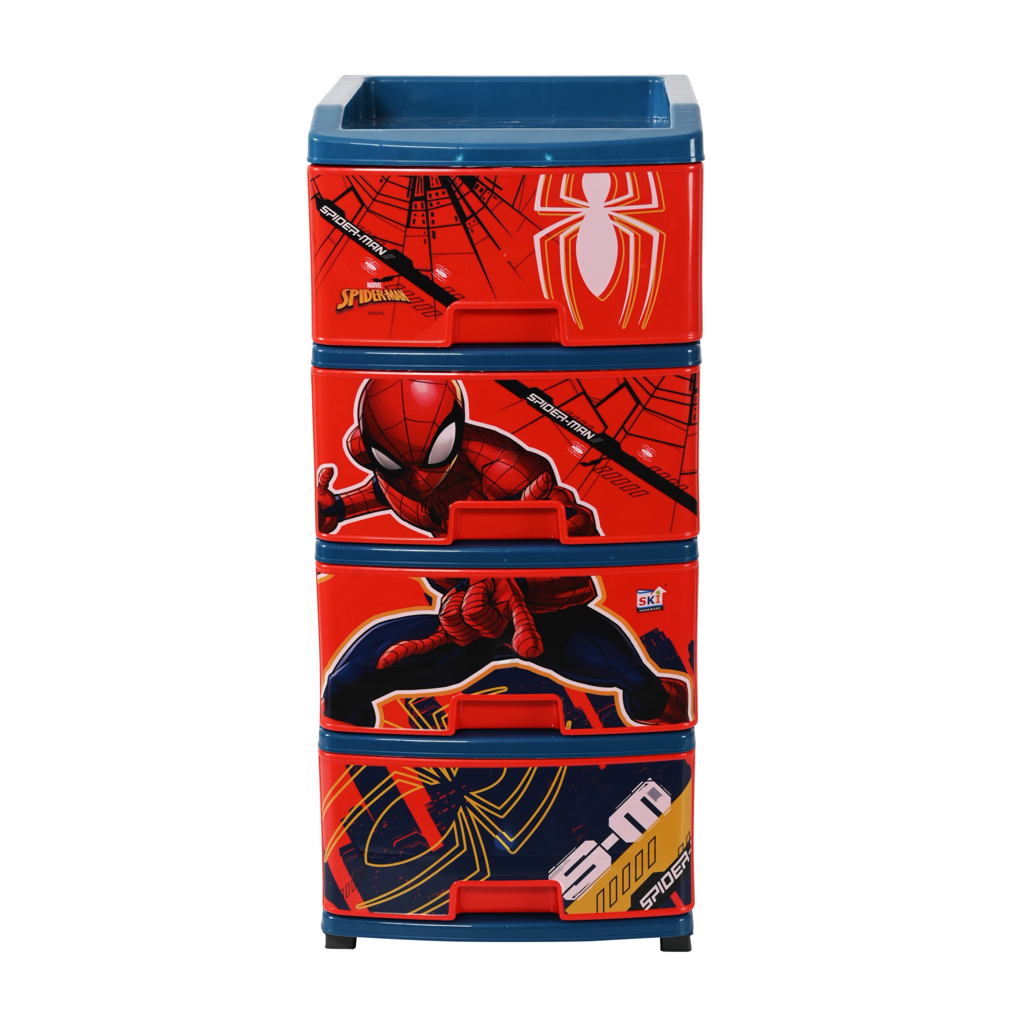 Kuber Industries 4-Layer  90 Ltr Plastic Drawer Storage Organiser  Modular Kitchen  Toy Organizer For Kids Room  Marvel Spiderman-Red