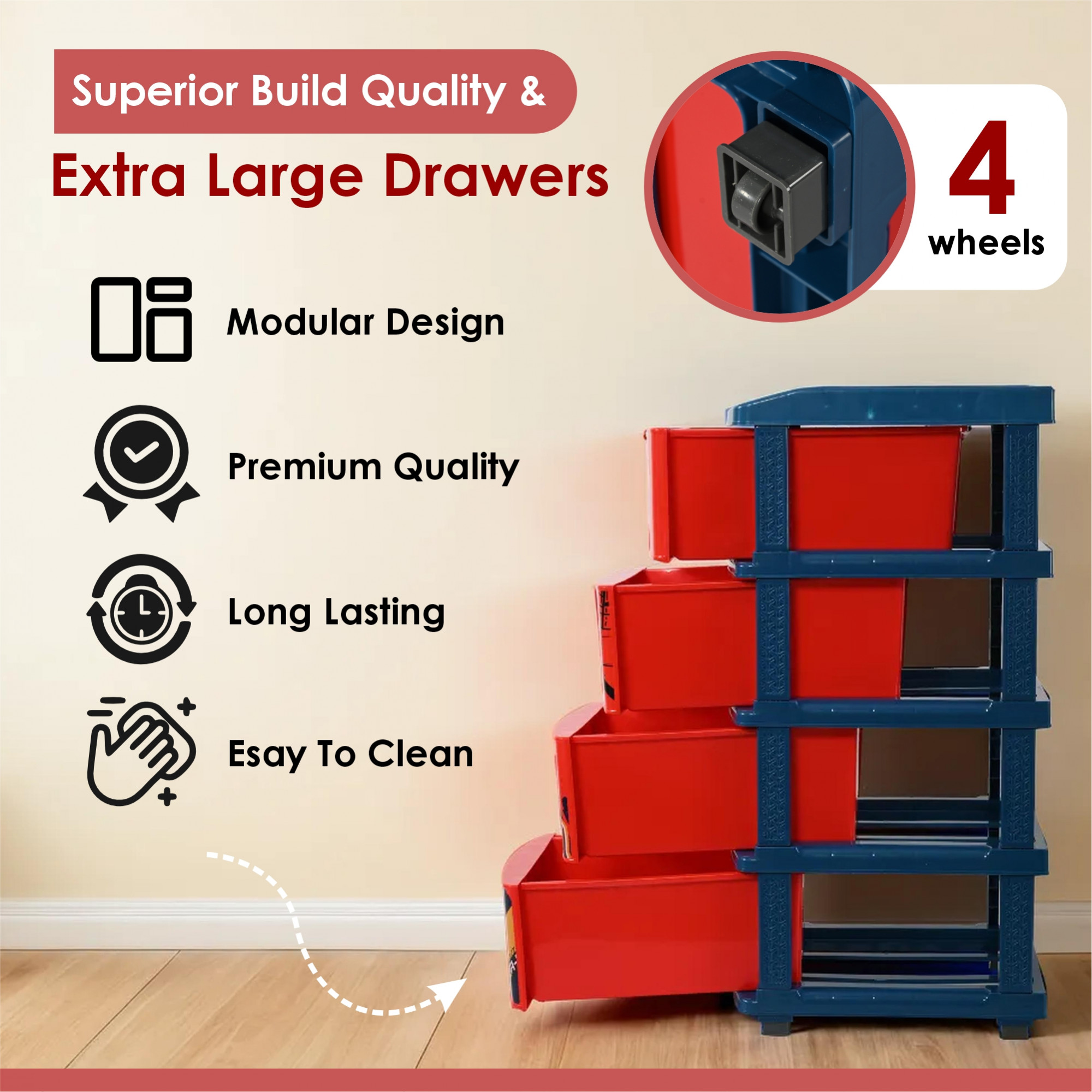 Kuber Industries 4-Layer  90 Ltr Plastic Drawer Storage Organiser  Modular Kitchen  Toy Organizer For Kids Room  Marvel Spiderman-Red