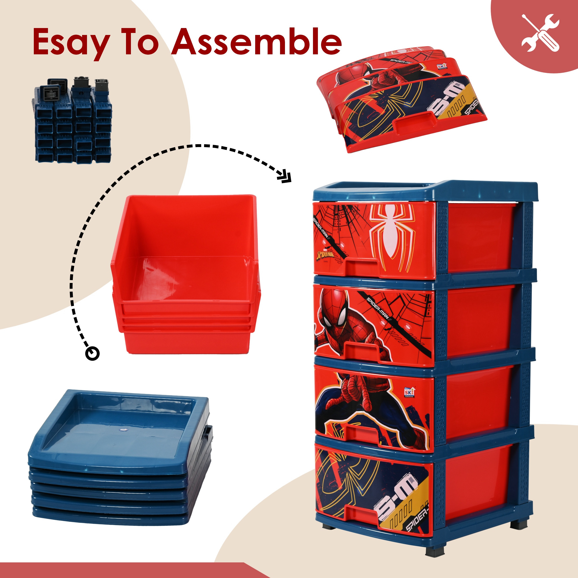 Kuber Industries 4-Layer  90 Ltr Plastic Drawer Storage Organiser  Modular Kitchen  Toy Organizer For Kids Room  Marvel Spiderman-Red