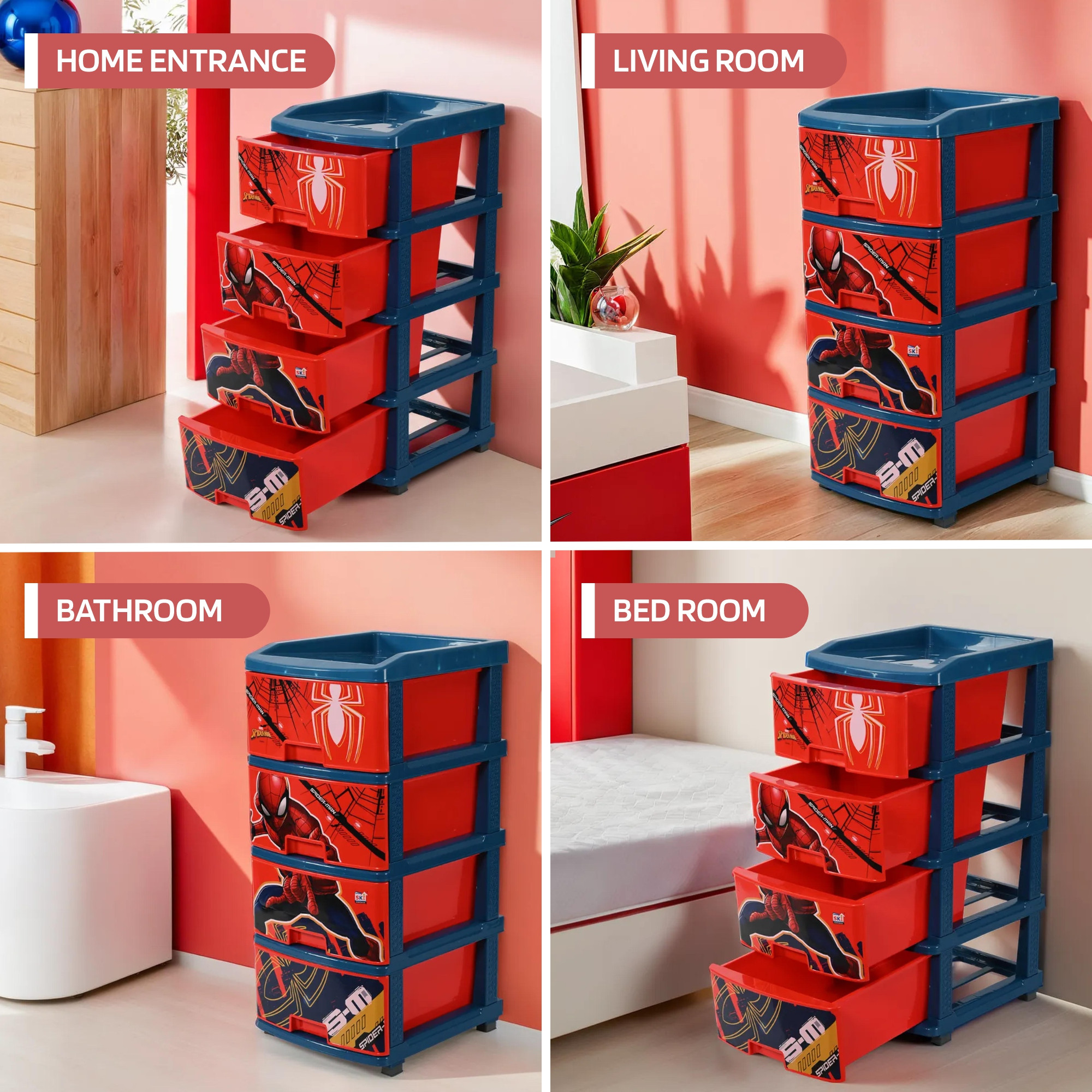 Kuber Industries 4-Layer  90 Ltr Plastic Drawer Storage Organiser  Modular Kitchen  Toy Organizer For Kids Room  Marvel Spiderman-Red