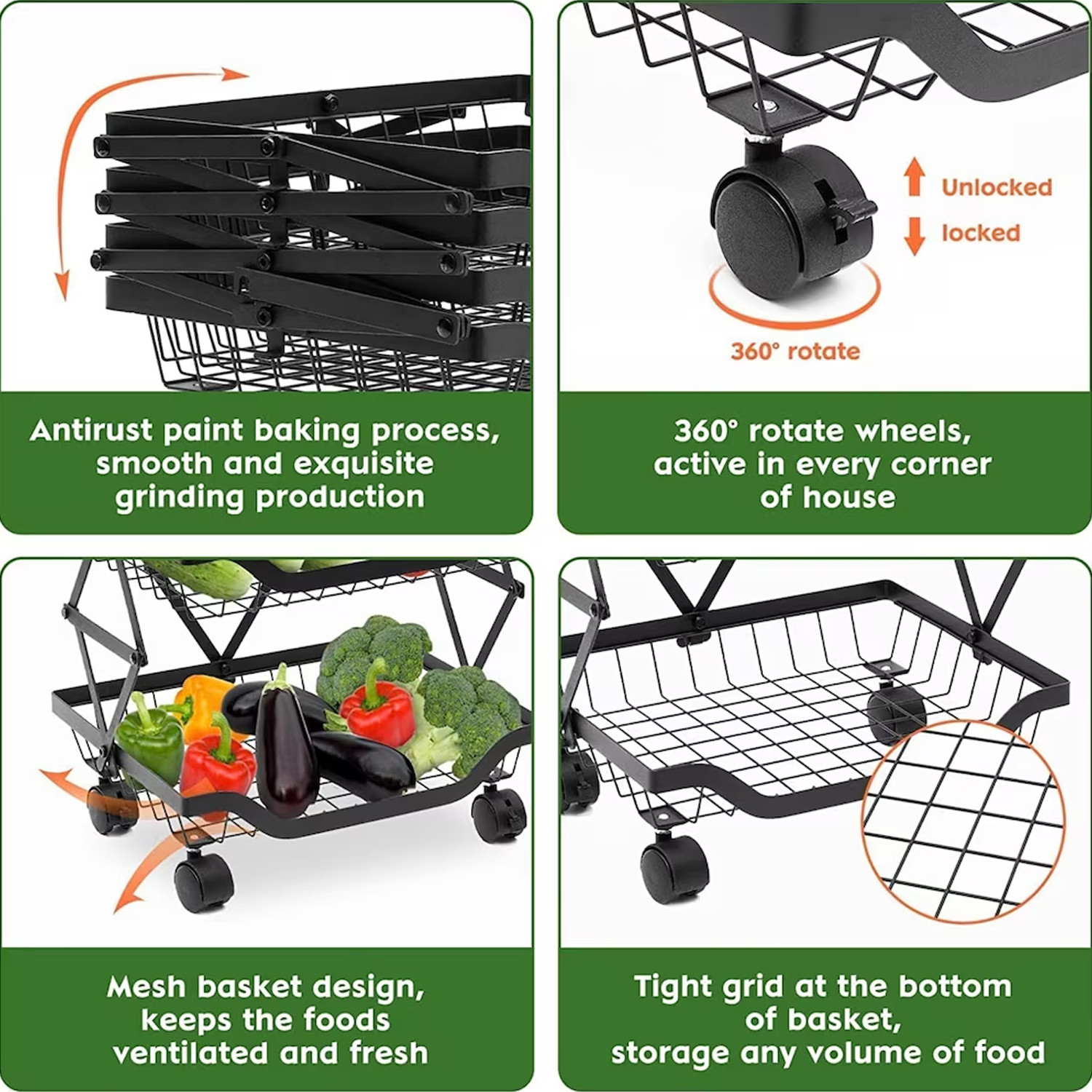 Kuber Industries 4-Layer Collapsible Kitchen Rack|Multipurpose Storage Basket|360-Degree Rotable Kitchen Trolley|Fruit Basket (Black)