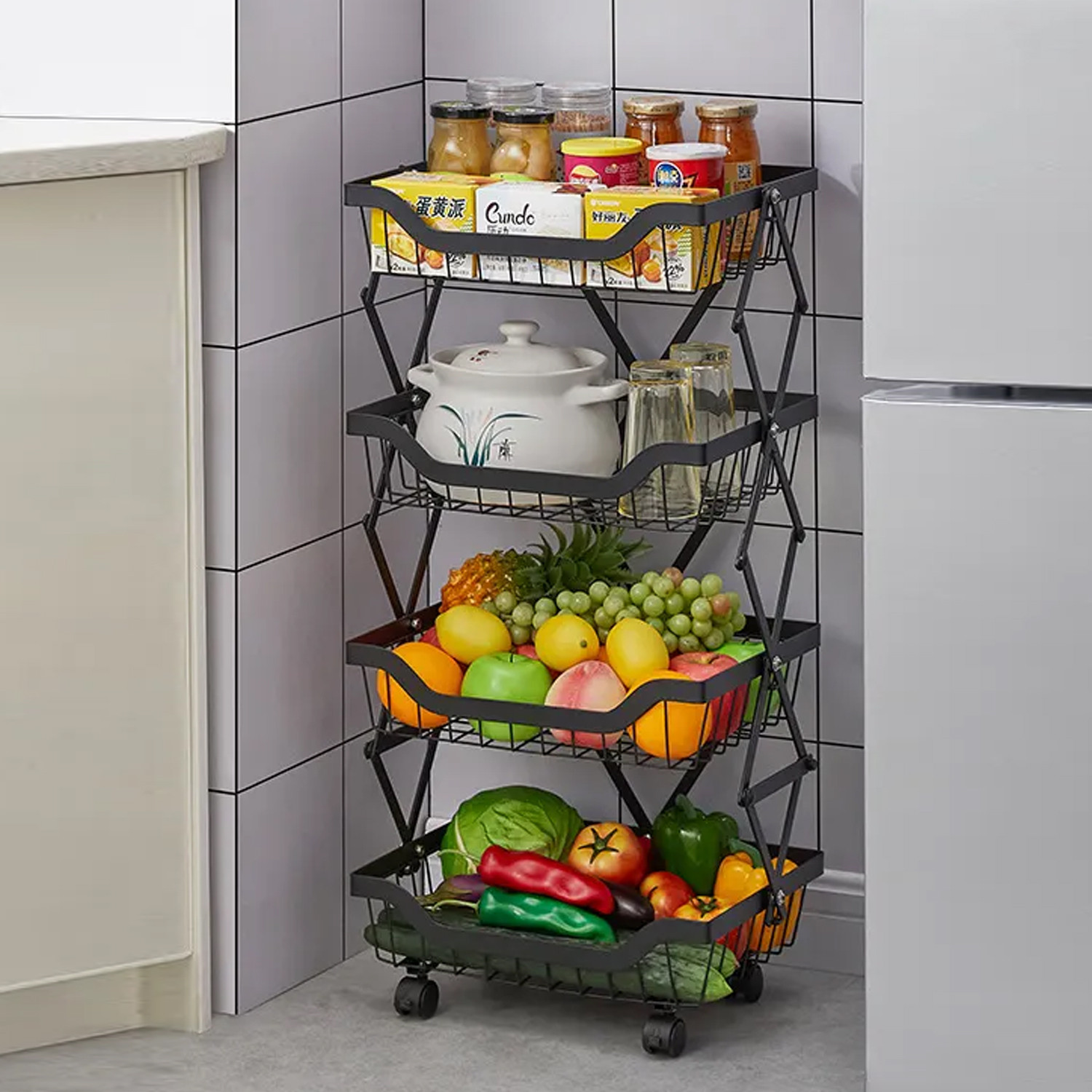 Kuber Industries 4-Layer Collapsible Kitchen Rack|Multipurpose Storage Basket|360-Degree Rotable Kitchen Trolley|Fruit Basket (Black)