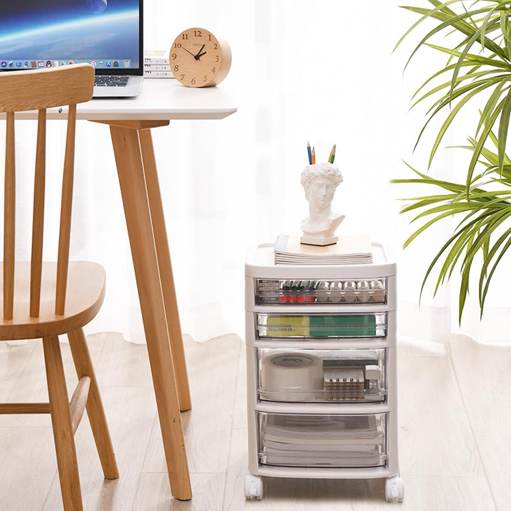 Kuber Industries 4 Layer Cosmetic Cabinet with Trolley|4-Tier Rolling Cart Storage Organizer|Shelf Stand With Drawer|White