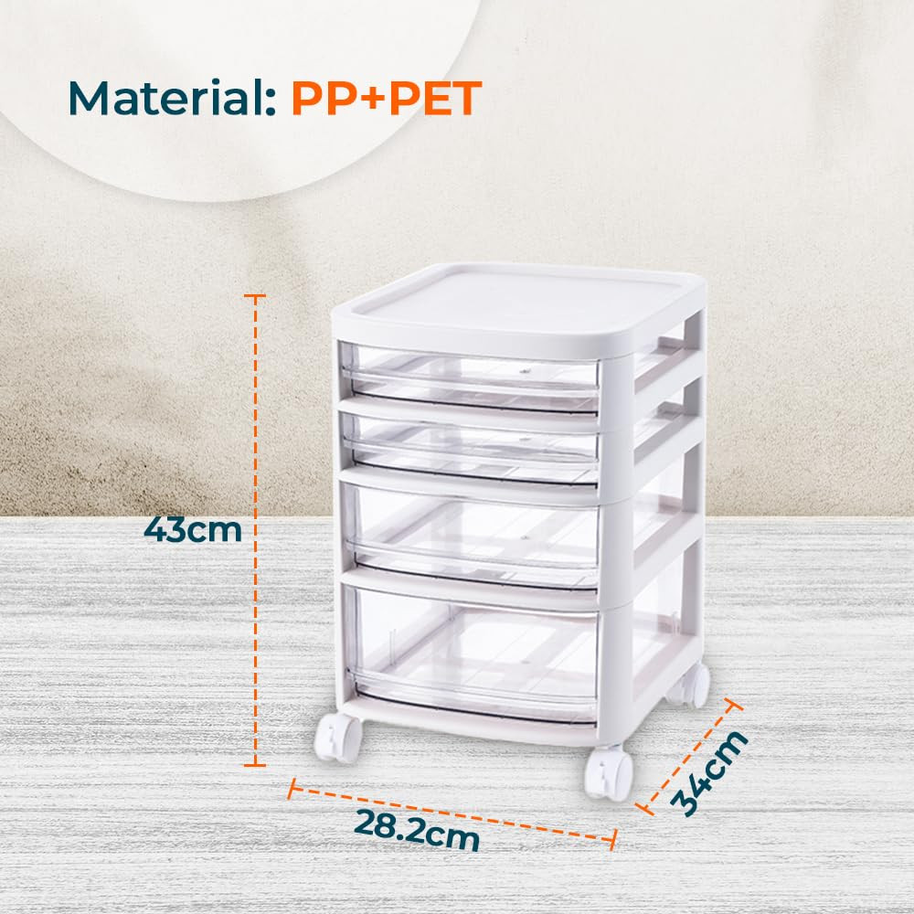 Kuber Industries 4 Layer Cosmetic Cabinet with Trolley|4-Tier Rolling Cart Storage Organizer|Shelf Stand With Drawer|White