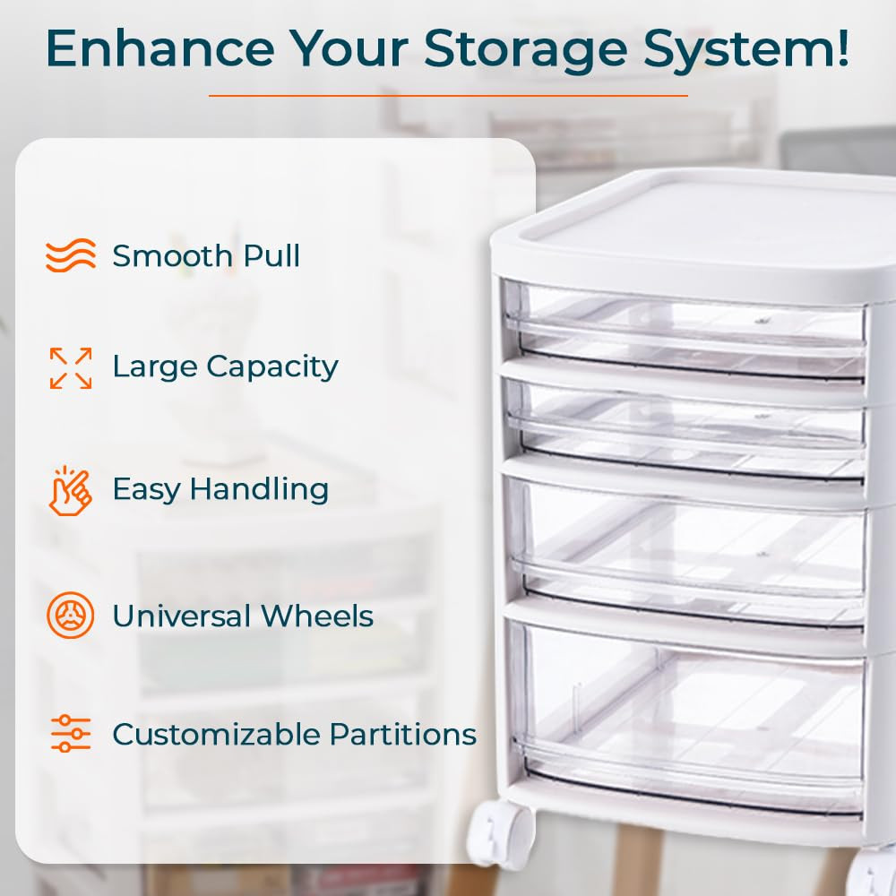 Kuber Industries 4 Layer Cosmetic Cabinet with Trolley|4-Tier Rolling Cart Storage Organizer|Shelf Stand With Drawer|White
