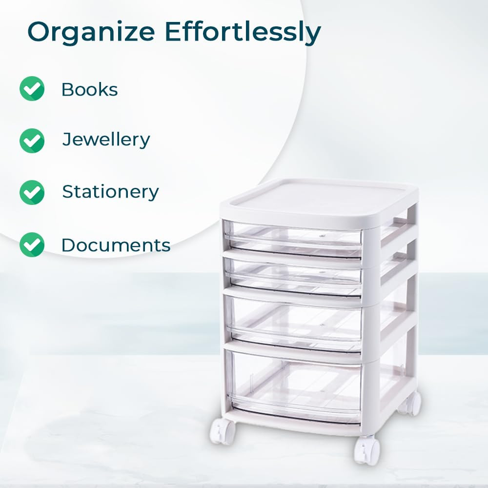 Kuber Industries 4 Layer Cosmetic Cabinet with Trolley|4-Tier Rolling Cart Storage Organizer|Shelf Stand With Drawer|White