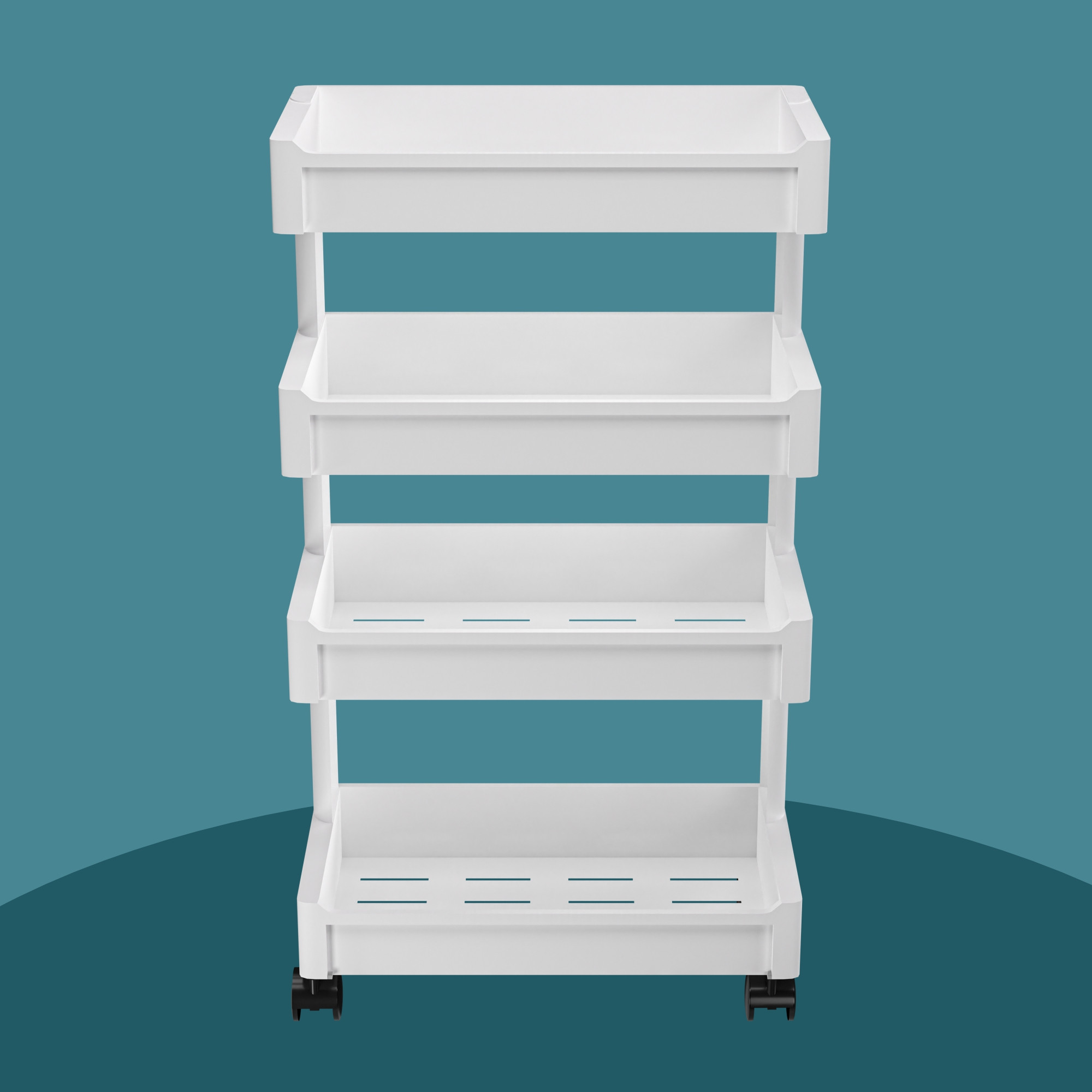 Kuber Industries 4-Layer Plastic Stackable Rack for Storage Multipurpose with Wheels  Moveable Basket  Book Shelf for Kids Room  Portable Side Rack for Living Room Study Room  Office  White