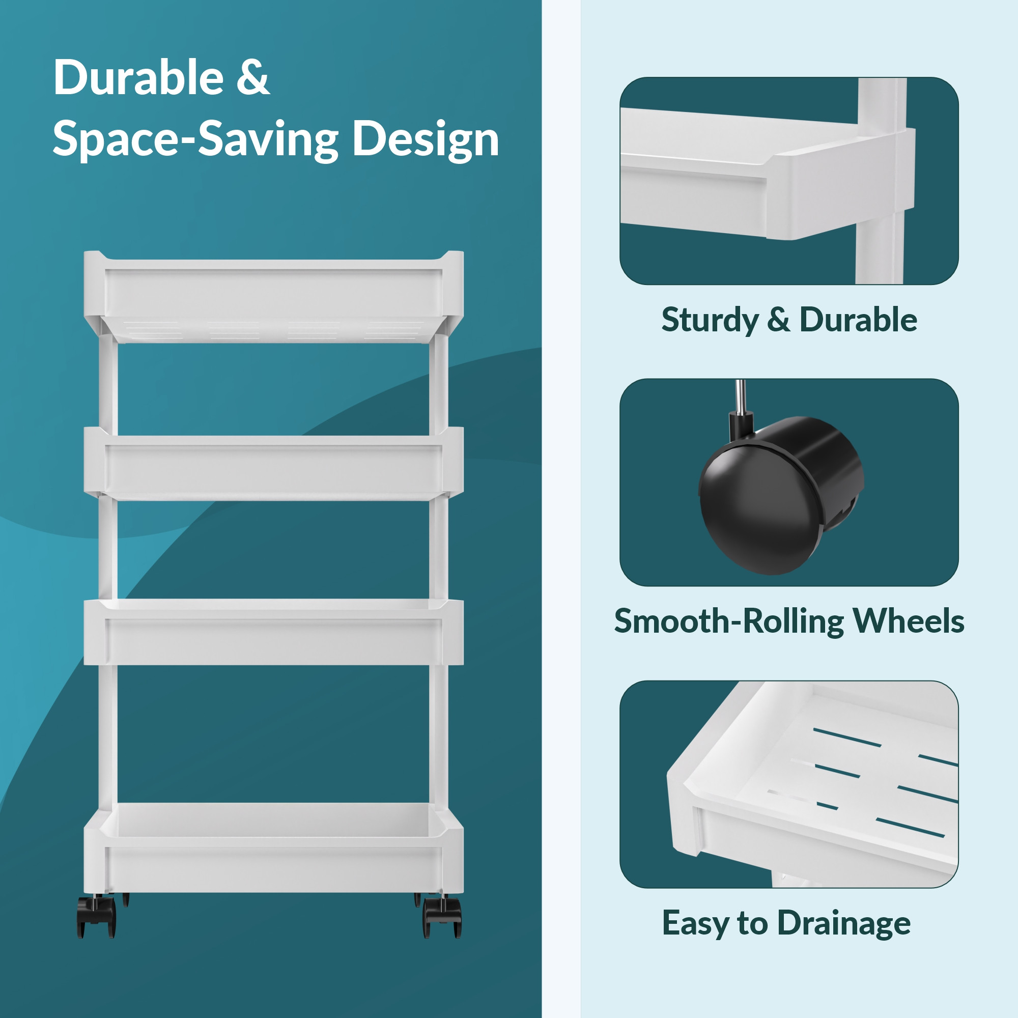 Kuber Industries 4-Layer Plastic Stackable Rack for Storage Multipurpose with Wheels  Moveable Basket  Book Shelf for Kids Room  Portable Side Rack for Living Room Study Room  Office  White