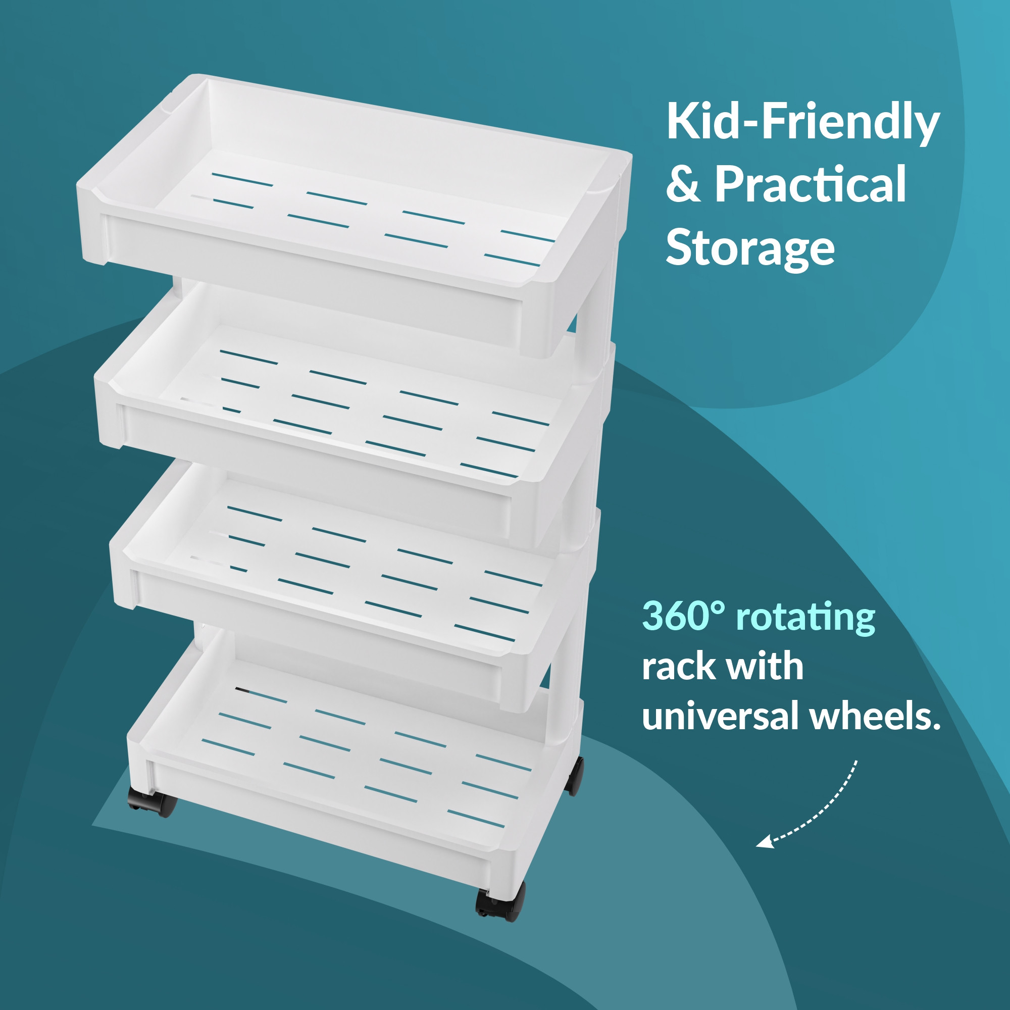 Kuber Industries 4-Layer Plastic Stackable Rack for Storage Multipurpose with Wheels  Moveable Basket  Book Shelf for Kids Room  Portable Side Rack for Living Room Study Room  Office  White