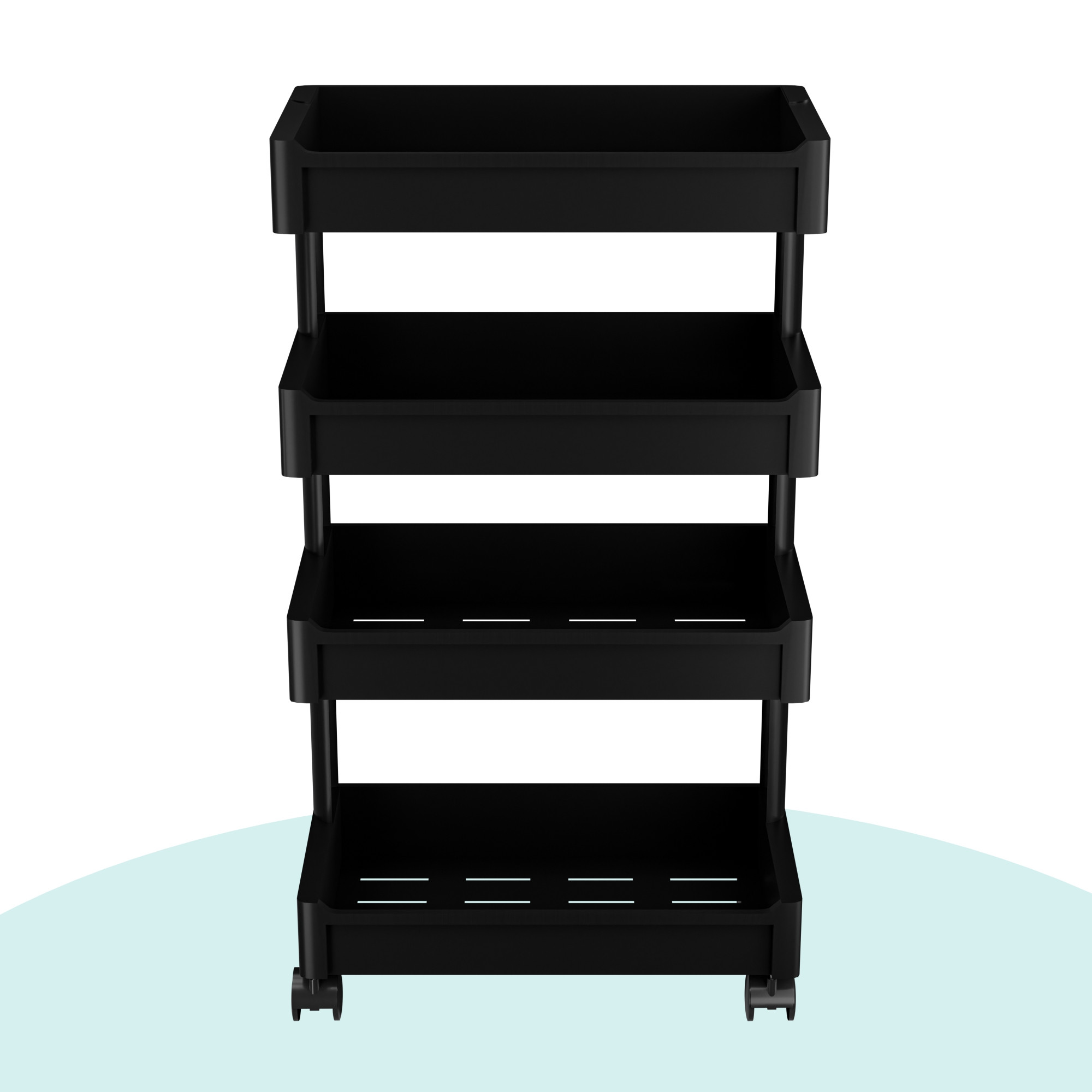 Kuber Industries 4-Layer Plastic Stackable Rack for Storage Multipurpose with Wheels  Moveable Basket  Book Shelf for Kids Room  Portable Side Rack for Living Room Study Room  Office  Black