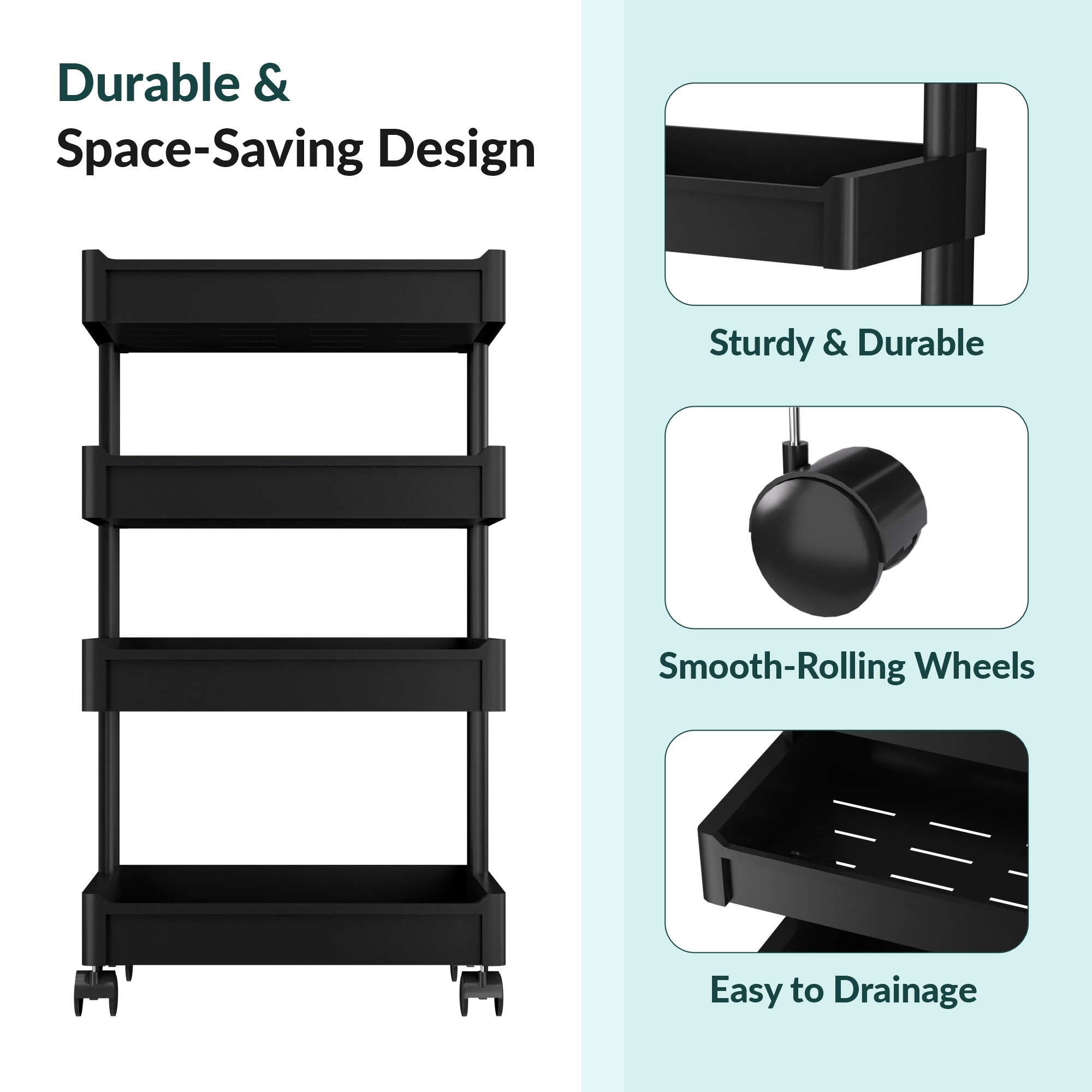 Kuber Industries 4-Layer Plastic Stackable Rack for Storage Multipurpose with Wheels  Moveable Basket  Book Shelf for Kids Room  Portable Side Rack for Living Room Study Room  Office  Black