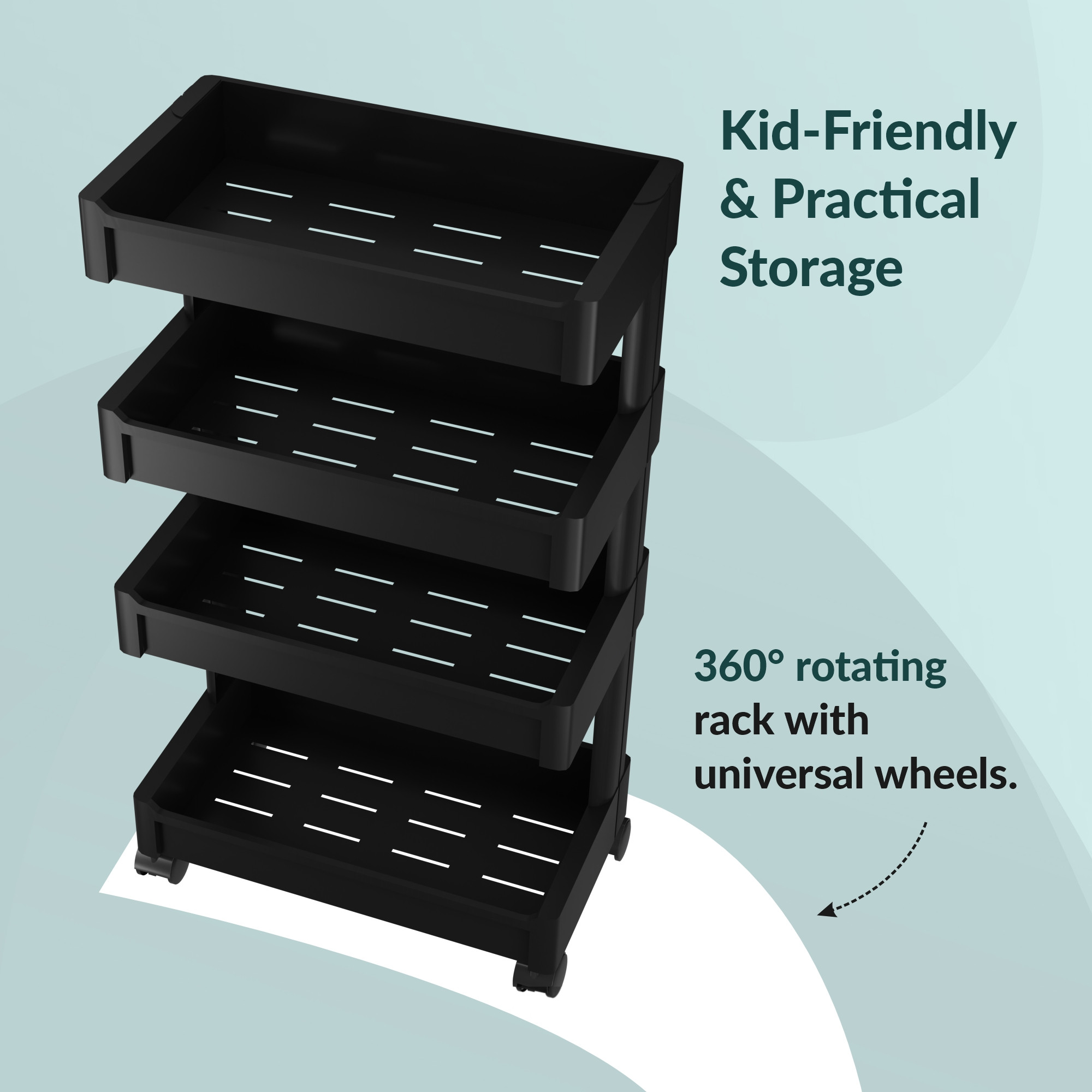 Kuber Industries 4-Layer Plastic Stackable Rack for Storage Multipurpose with Wheels  Moveable Basket  Book Shelf for Kids Room  Portable Side Rack for Living Room Study Room  Office  Black