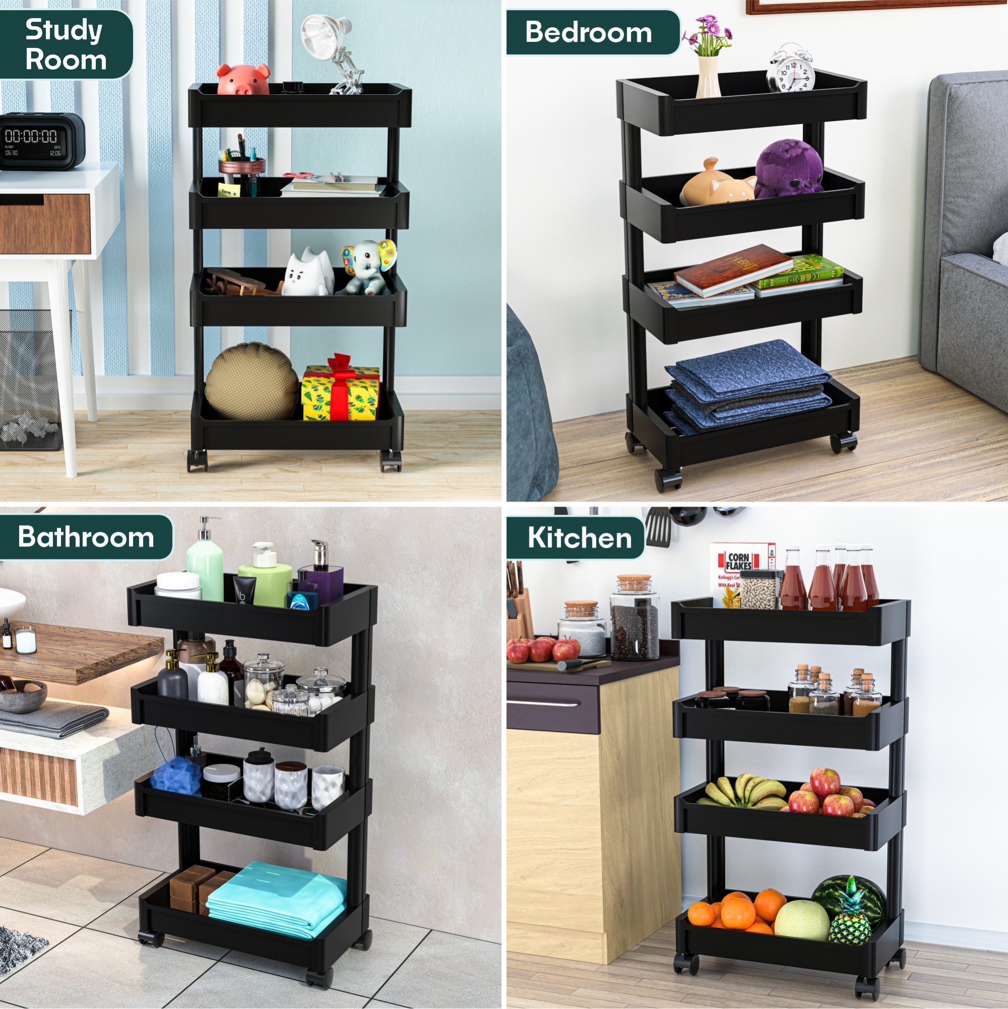 Kuber Industries 4-Layer Plastic Stackable Rack for Storage Multipurpose with Wheels  Moveable Basket  Book Shelf for Kids Room  Portable Side Rack for Living Room Study Room  Office  Black