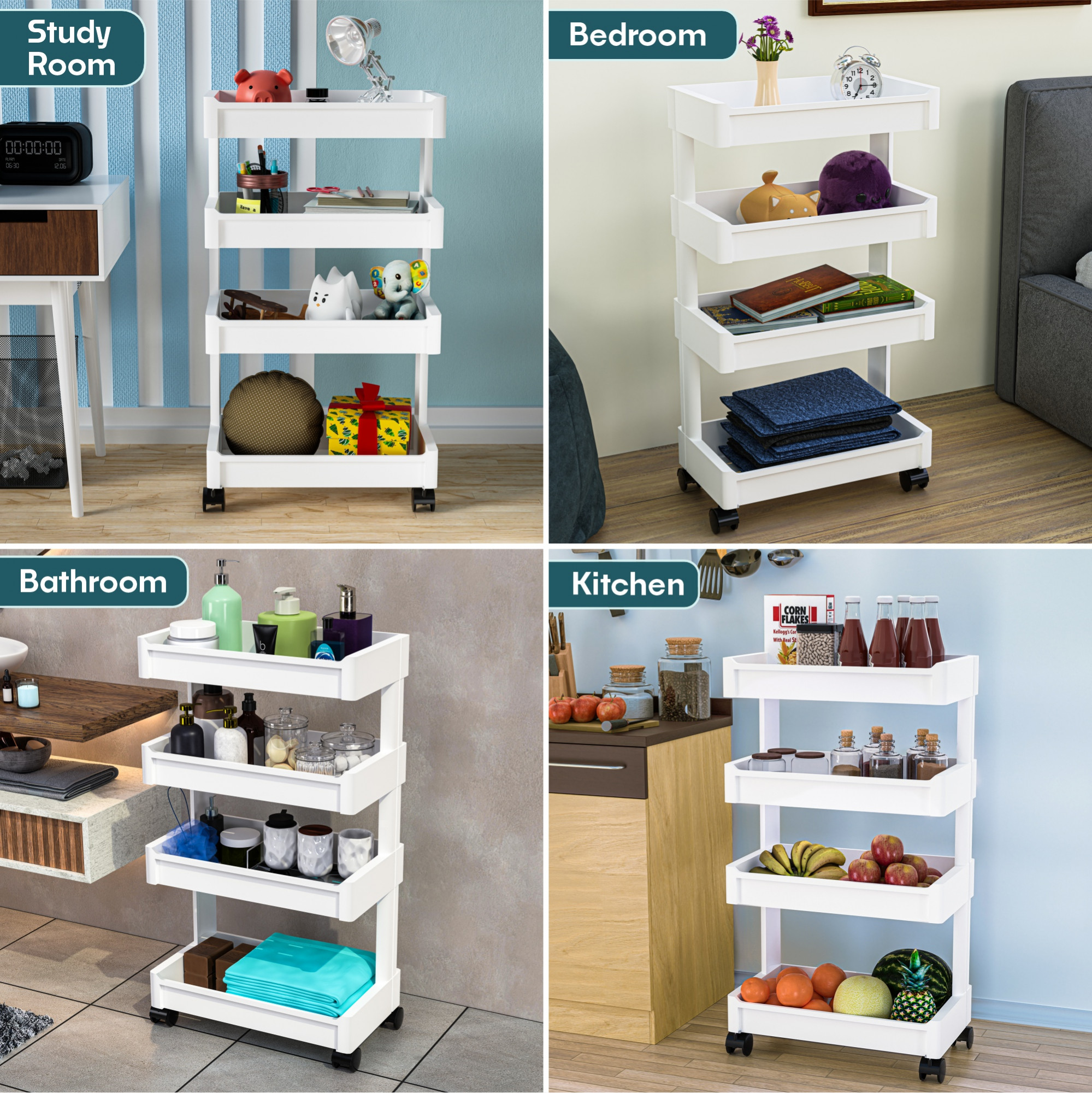 Kuber Industries 4-Layer Plastic Stackable Rack for Storage Multipurpose with Wheels  Moveable Basket  Book Shelf for Kids Room  Portable Side Rack for Living Room Study Room  Office  White