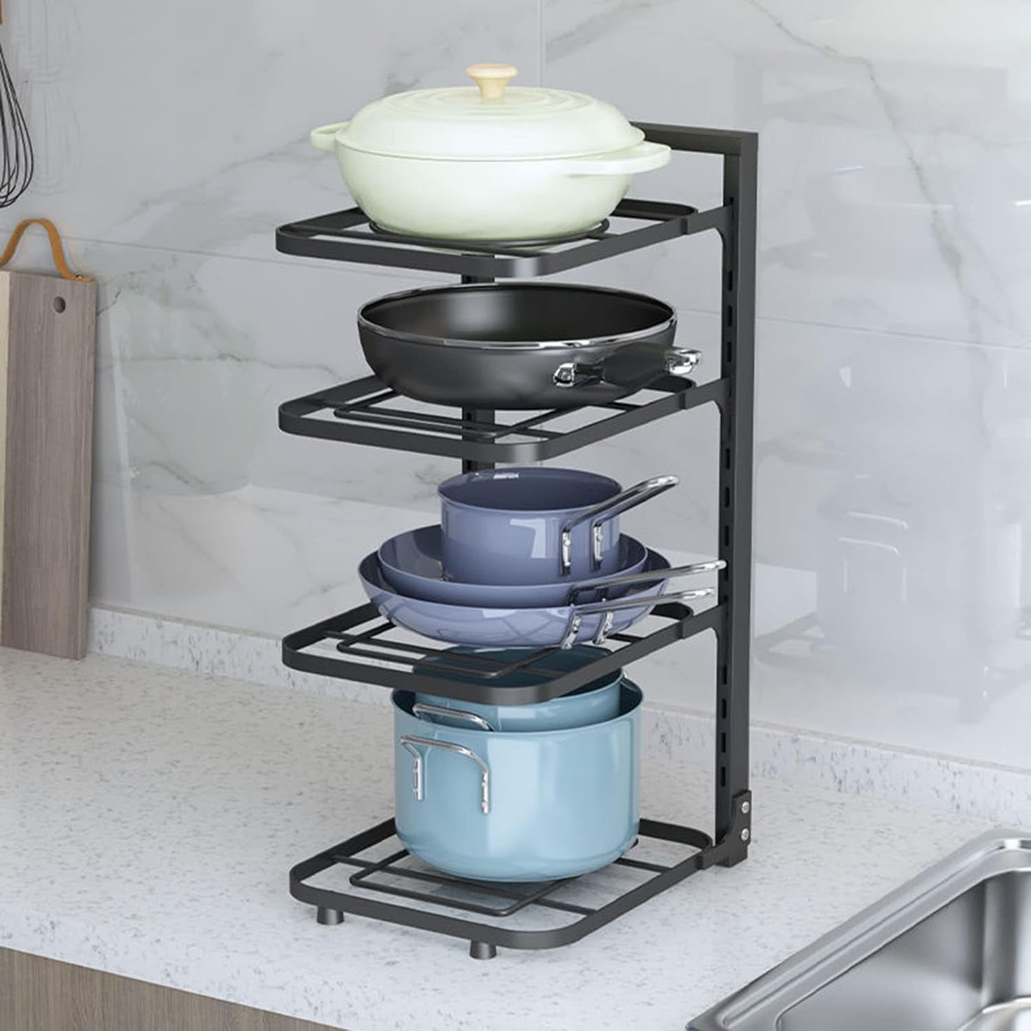 Kuber Industries 4-Layer Pots and Pans Organiser Rack|Kitchen Organization And Storage|Adjustable Pot Lid Holder Rack|Home Kitchen Accessories (Black)