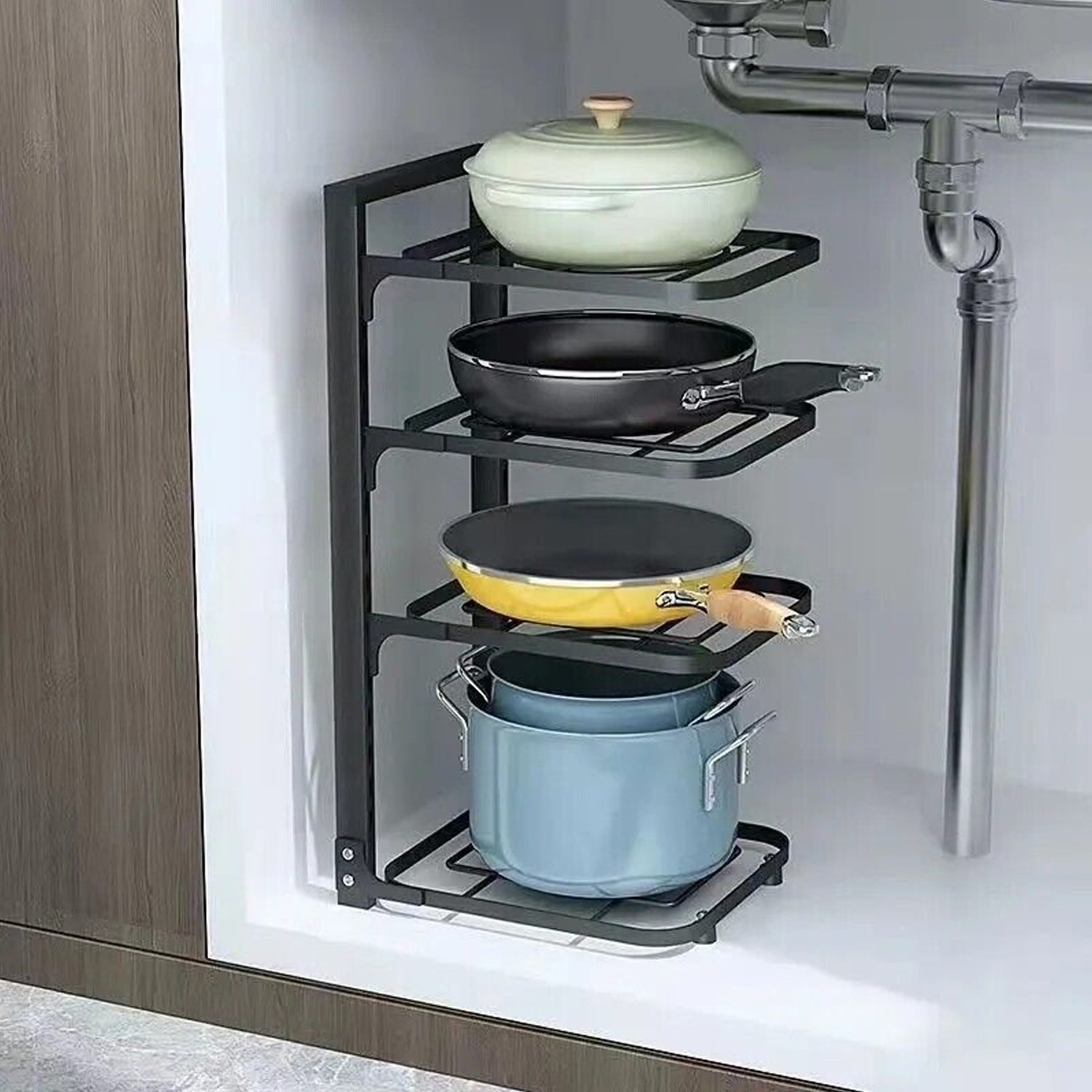 Kuber Industries 4-Layer Pots and Pans Organiser Rack|Kitchen Organization And Storage|Adjustable Pot Lid Holder Rack|Home Kitchen Accessories (Black)