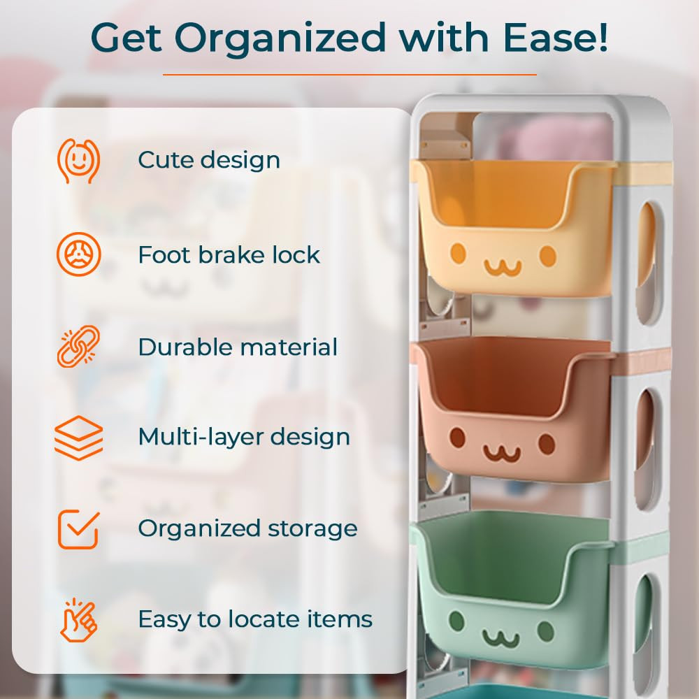 Kuber Industries 4 Layer Smiley Design Children's Storage Rack|Kids Toy Storage Organizer|4-Layer Rolling Cart|Multicolor|