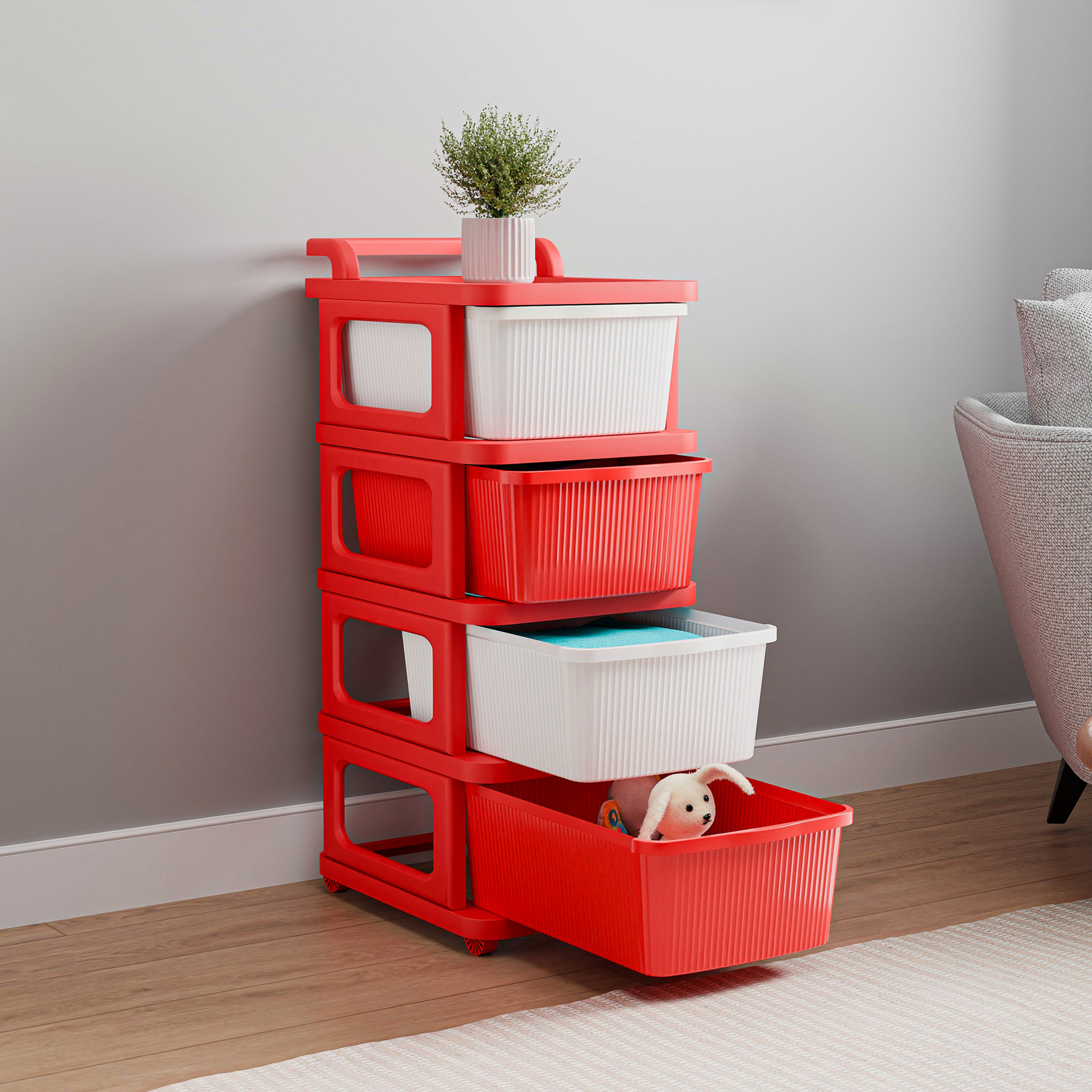 Kuber Industries 4 Layer Storage Rack with Wheels  Modular Drawers Organiser for Bedroom Office Home Cosmetics Kitchen items Toys  White  Red