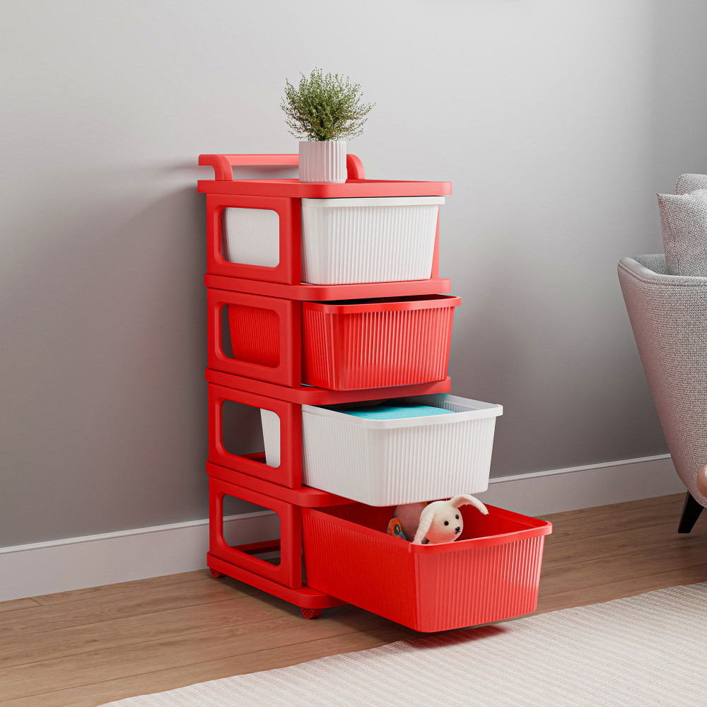 Image of Kuber Industries 4 Layer Storage Rack with Wheels | Modular Drawers Organiser for Bedroom, Office, Home, Cosmetics, Kitchen items, Toys | White &amp; Red
