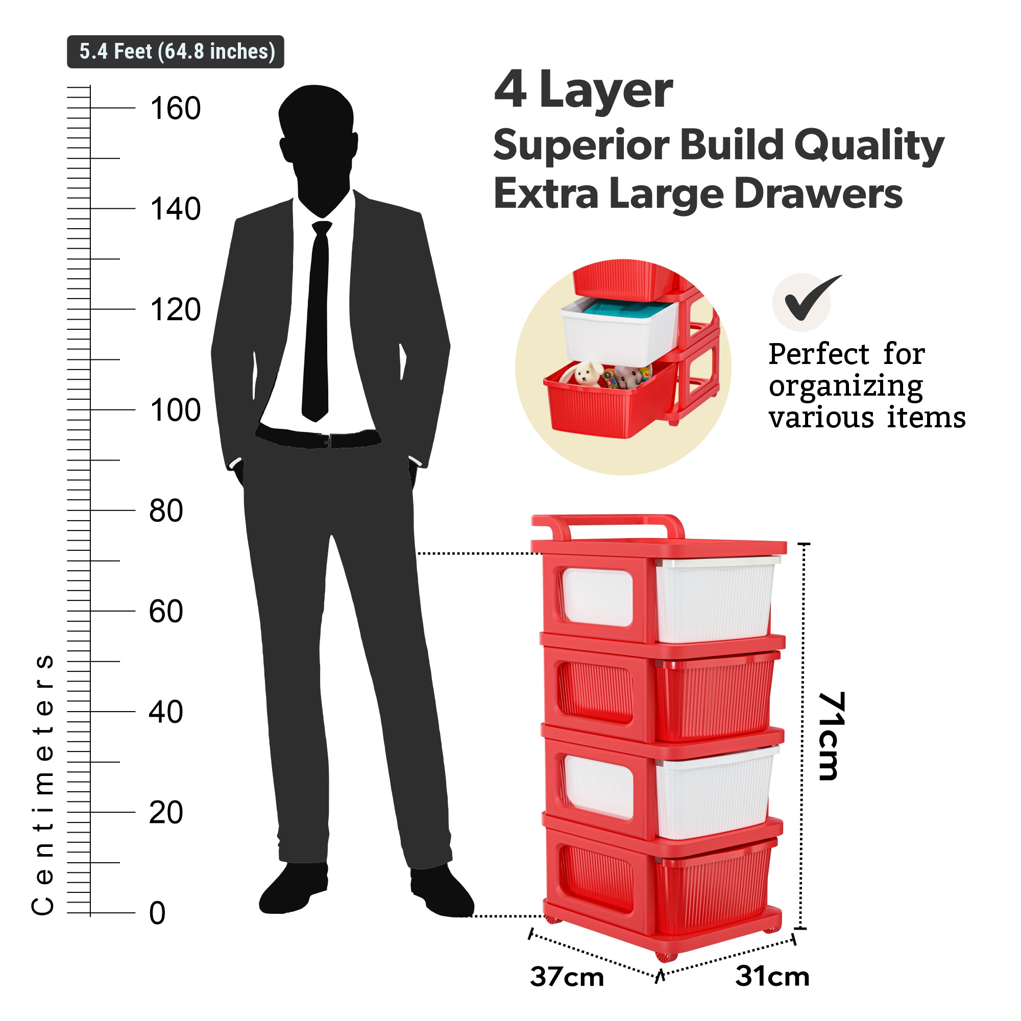Kuber Industries 4 Layer Storage Rack with Wheels  Modular Drawers Organiser for Bedroom Office Home Cosmetics Kitchen items Toys  White  Red
