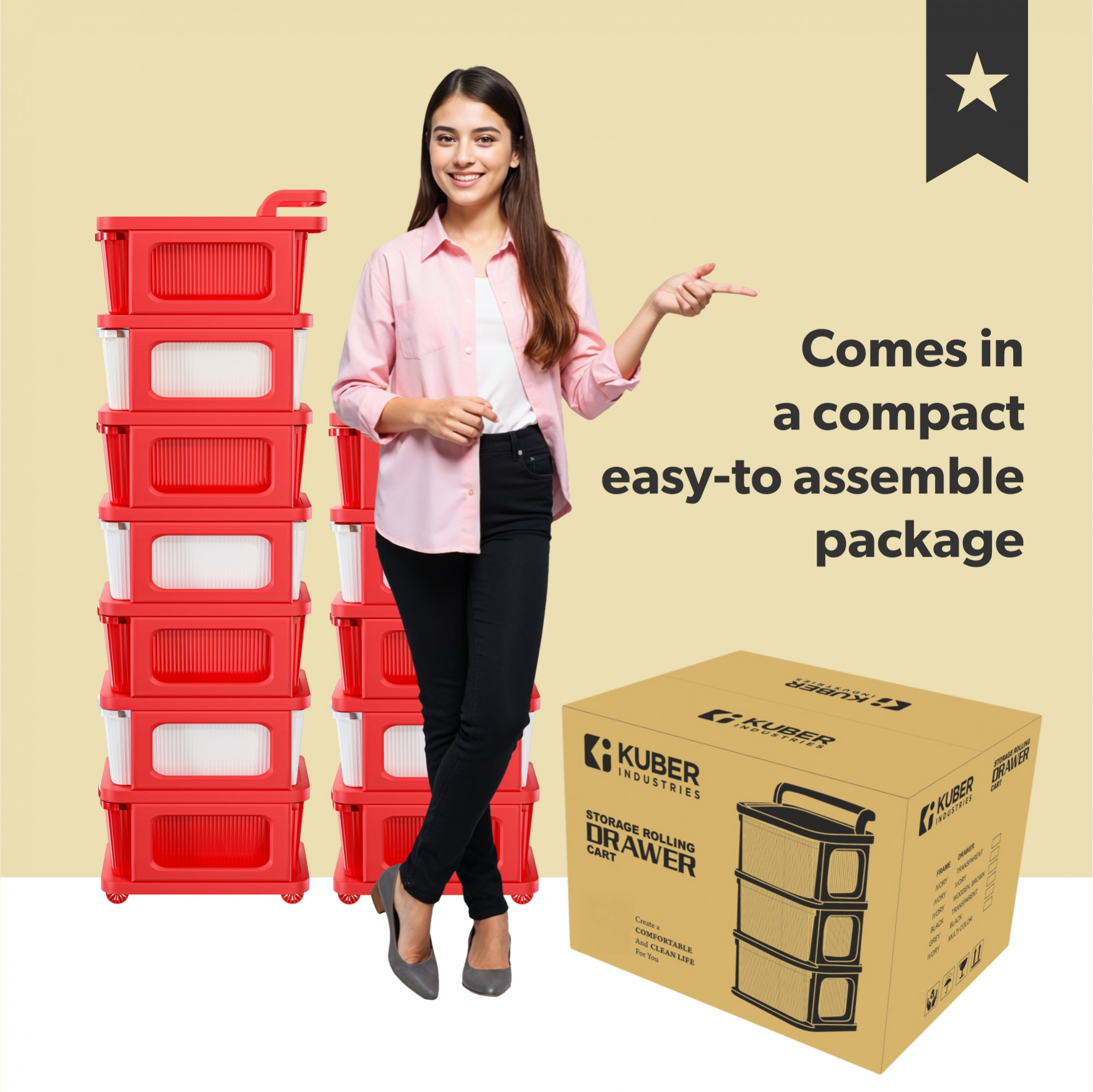 Kuber Industries 4 Layer Storage Rack with Wheels  Modular Drawers Organiser for Bedroom Office Home Cosmetics Kitchen items Toys  White  Red