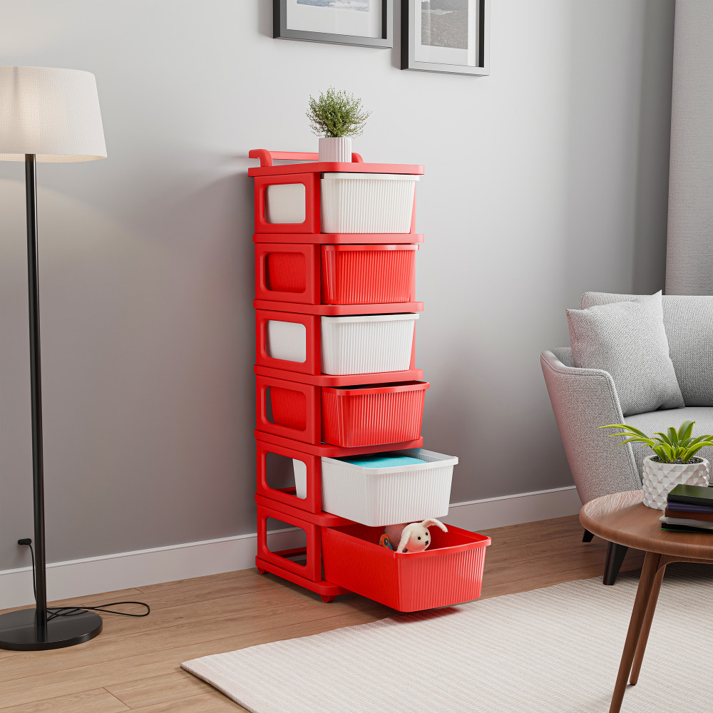 Image of Storage Rack with Wheels | Modular Drawers Organiser for Bedroom, Office, Home, Cosmetics, Kitchen items, Toys | White &amp; Red