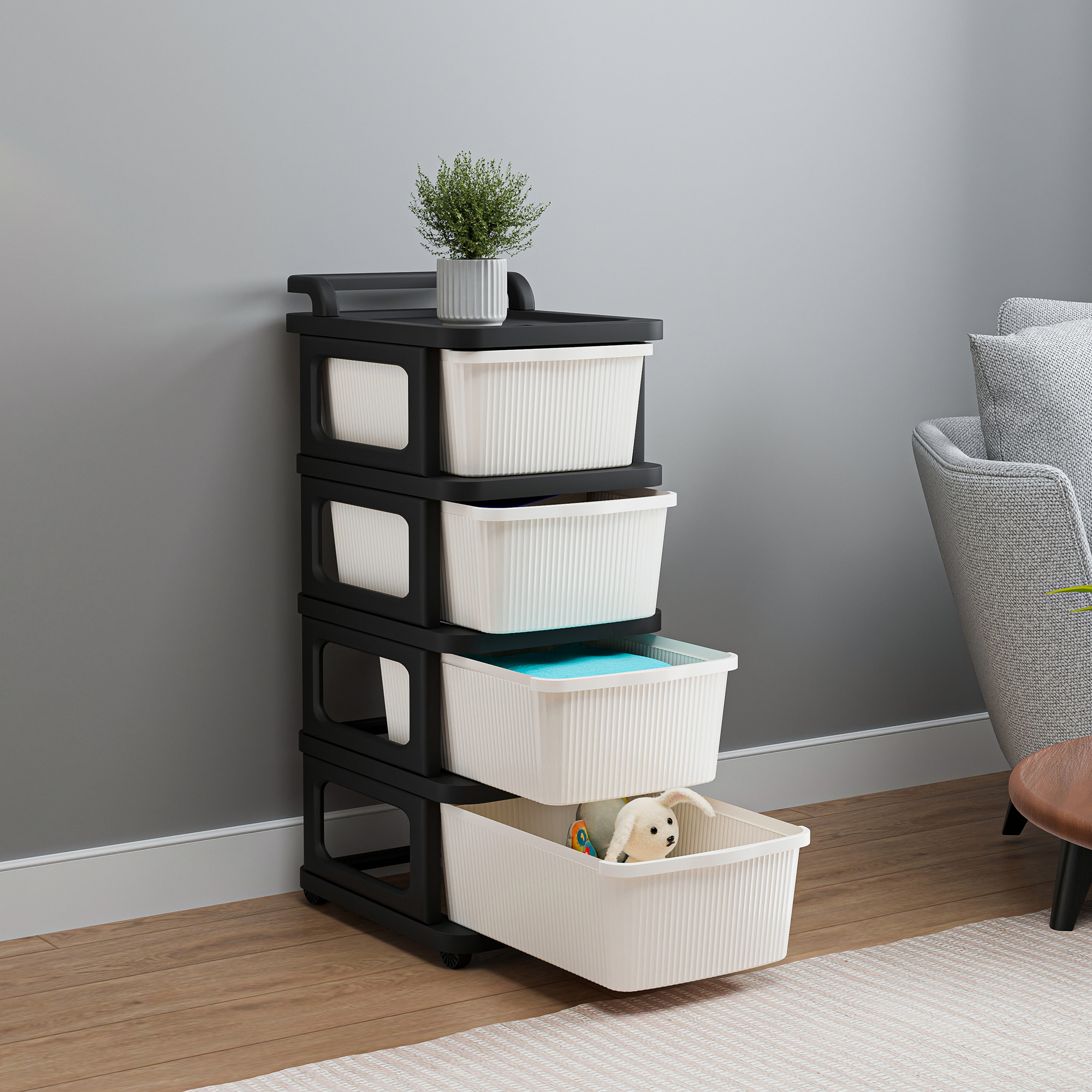 Kuber Industries 4 Layer Storage Rack with Wheels  Modular Drawers Organiser for Bedroom Office Home Cosmetics Kitchen items Toys  White  Black