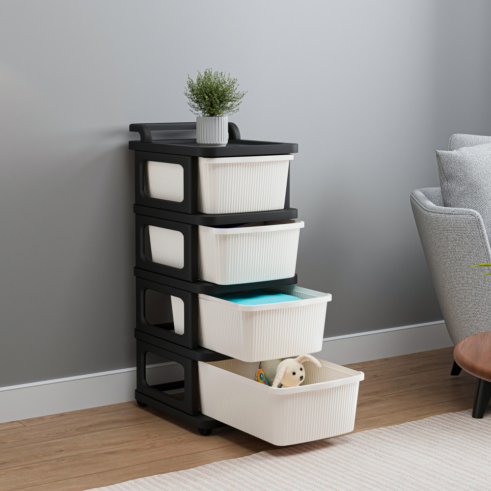 Image of Kuber Industries 4 Layer Storage Rack with Wheels | Modular Drawers Organiser for Bedroom, Office, Home, Cosmetics, Kitchen items, Toys | White &amp; Black
