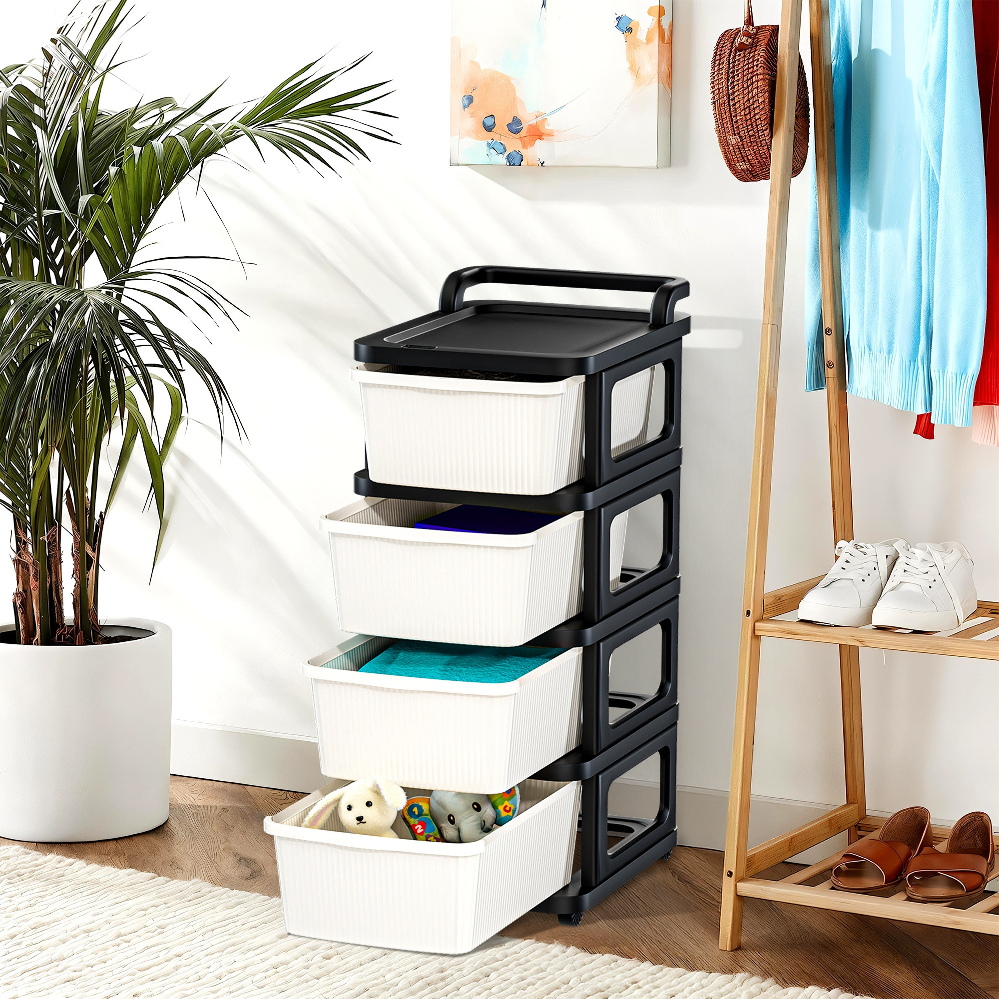 Kuber Industries 4 Layer Storage Rack with Wheels  Modular Drawers Organiser for Bedroom Office Home Cosmetics Kitchen items Toys  White  Black