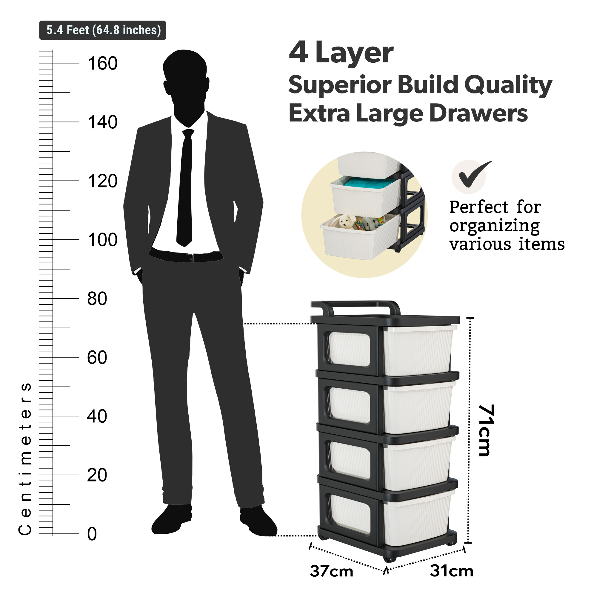 Kuber Industries 4 Layer Storage Rack with Wheels  Modular Drawers Organiser for Bedroom Office Home Cosmetics Kitchen items Toys  White  Black