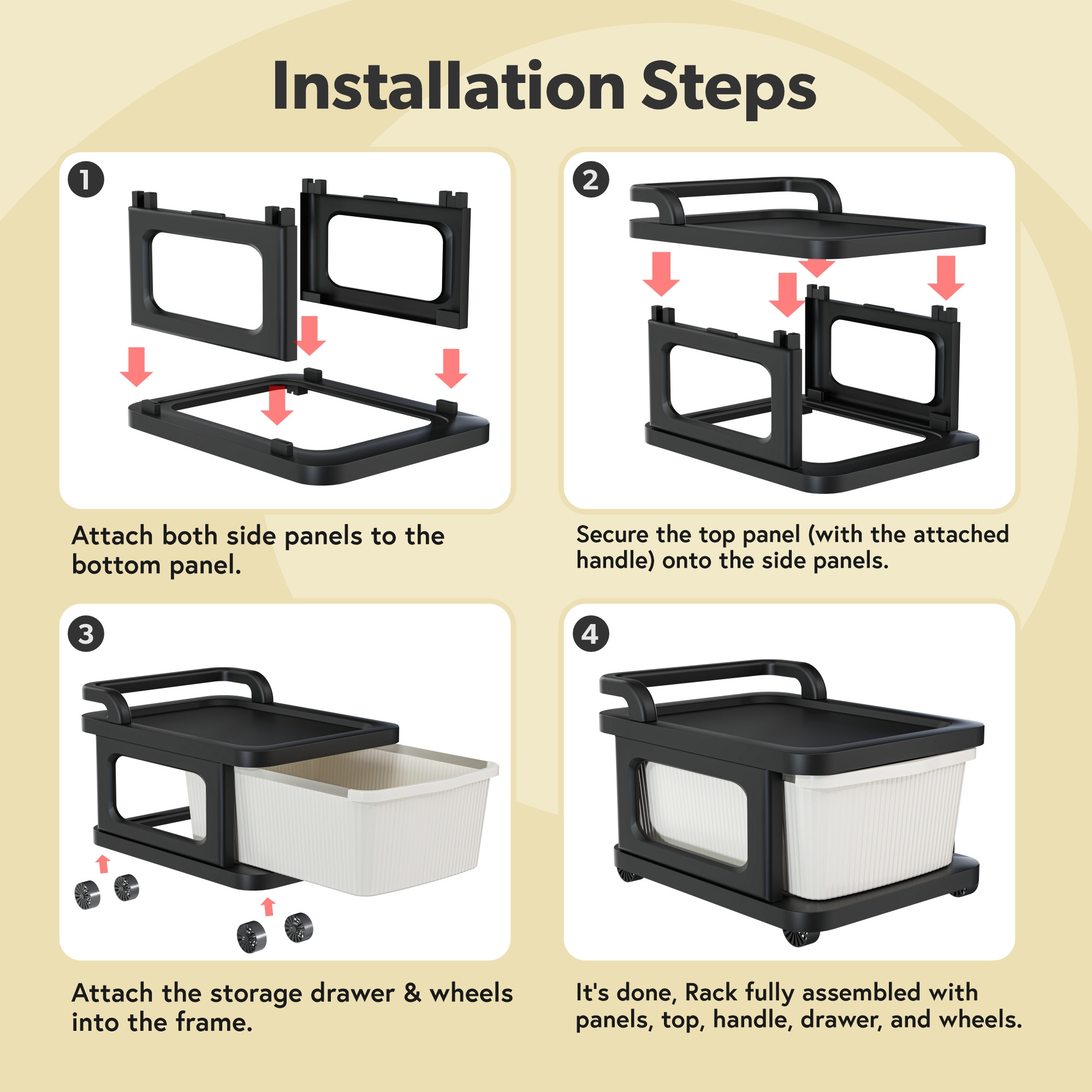 Kuber Industries 4 Layer Storage Rack with Wheels  Modular Drawers Organiser for Bedroom Office Home Cosmetics Kitchen items Toys  White  Black