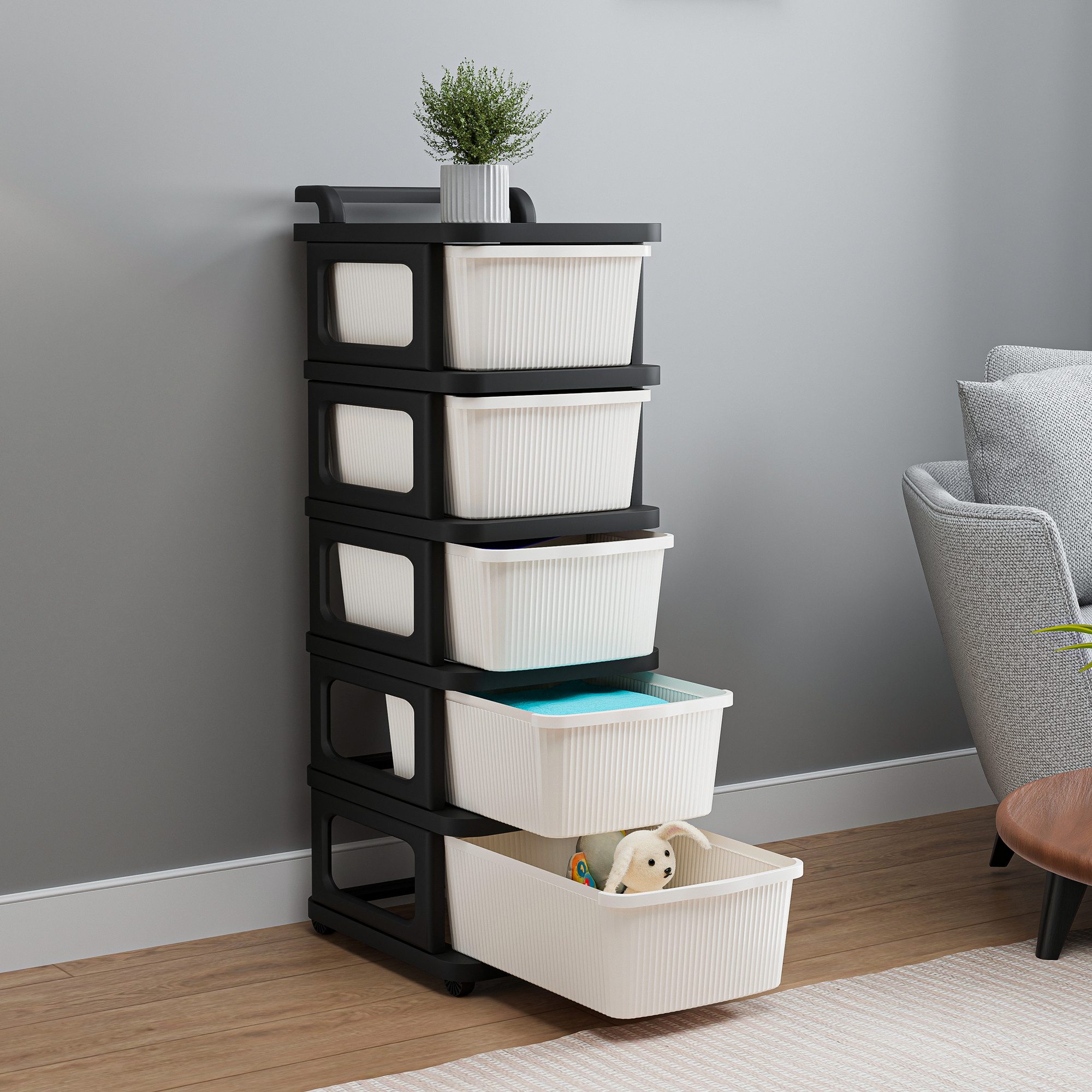 Kuber Industries 4 Layer Storage Rack with Wheels  Modular Drawers Organiser for Bedroom Office Home Cosmetics Kitchen items Toys  White  Black