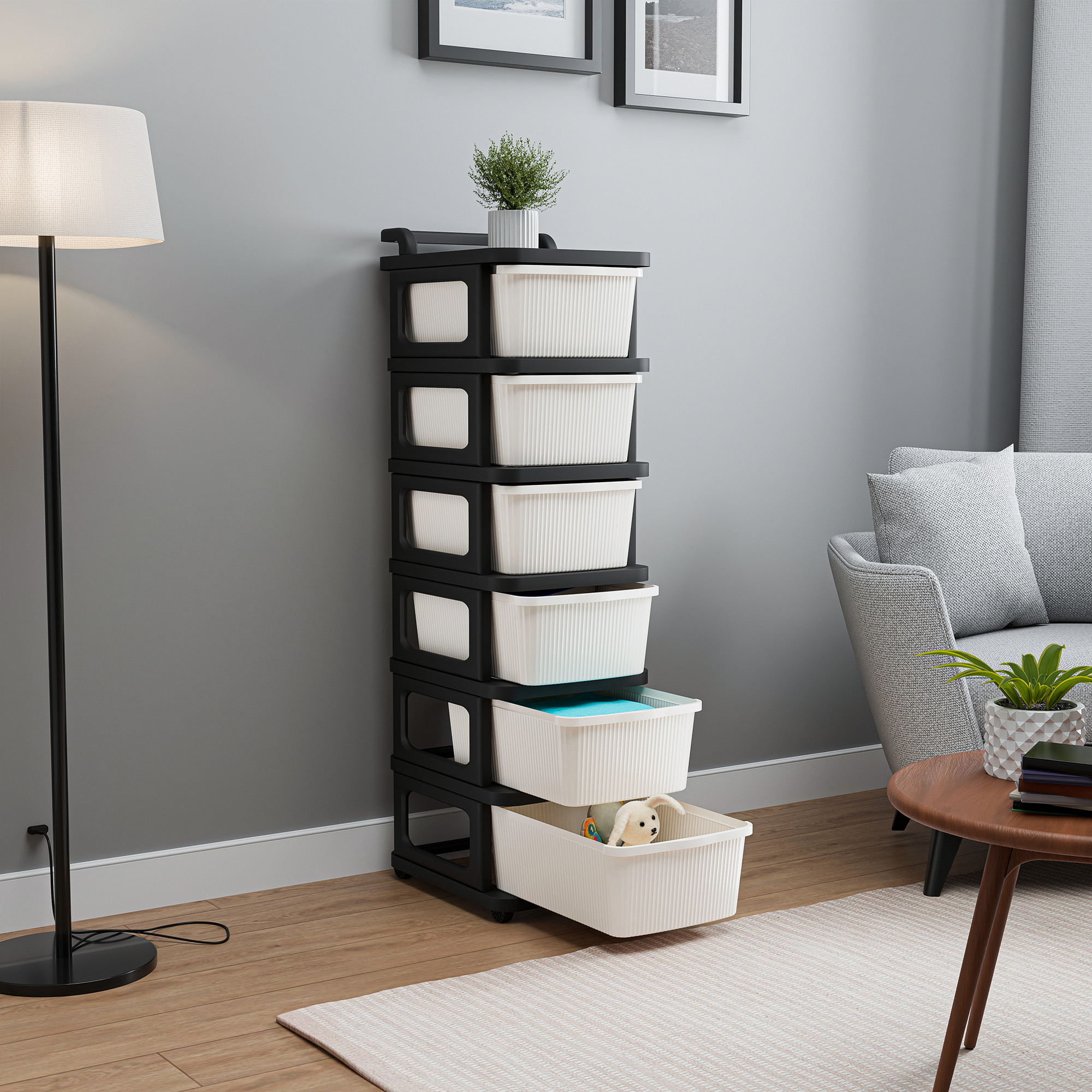 Kuber Industries 4 Layer Storage Rack with Wheels  Modular Drawers Organiser for Bedroom Office Home Cosmetics Kitchen items Toys  White  Black